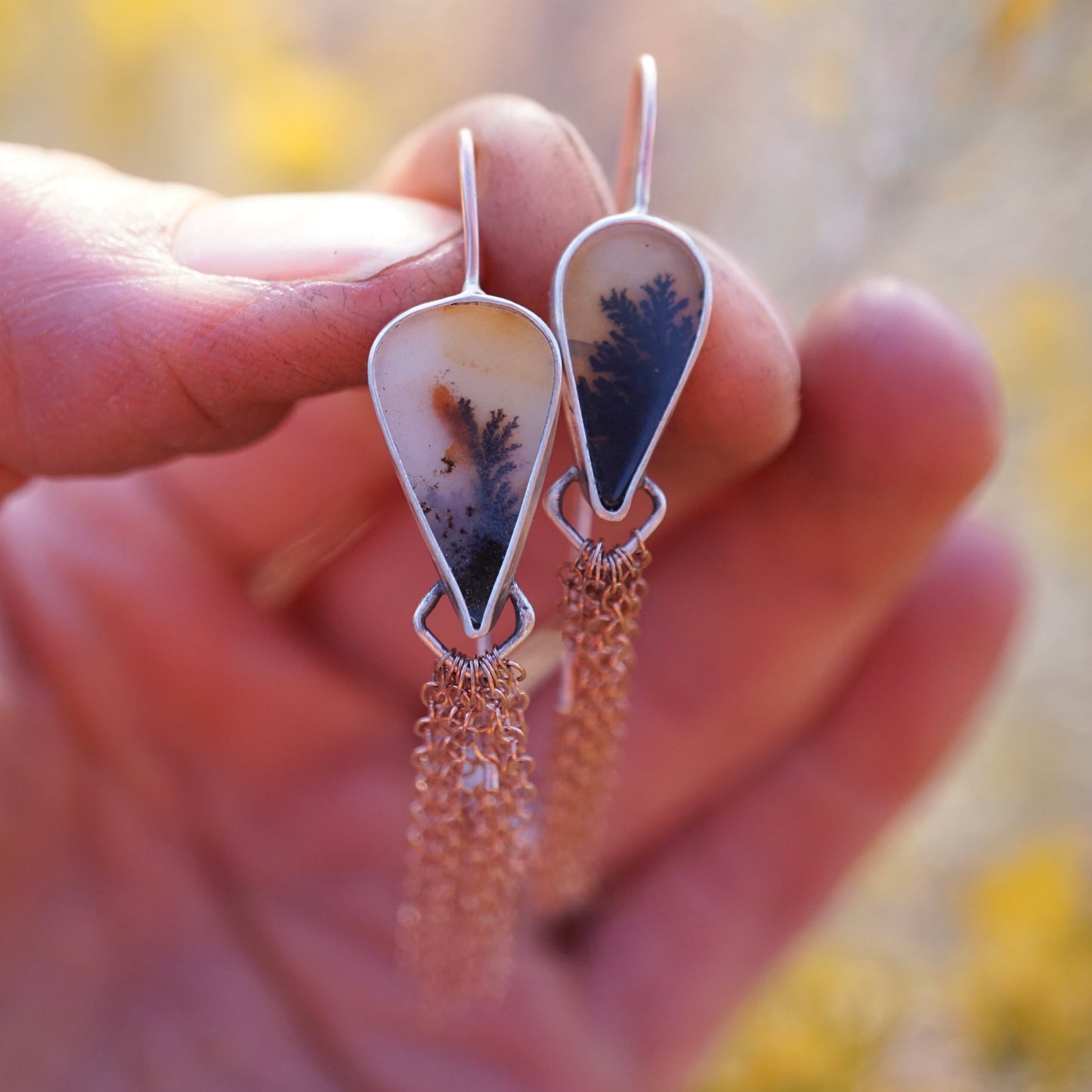 shimmer dangles with dendritic agate + 14k rose gold