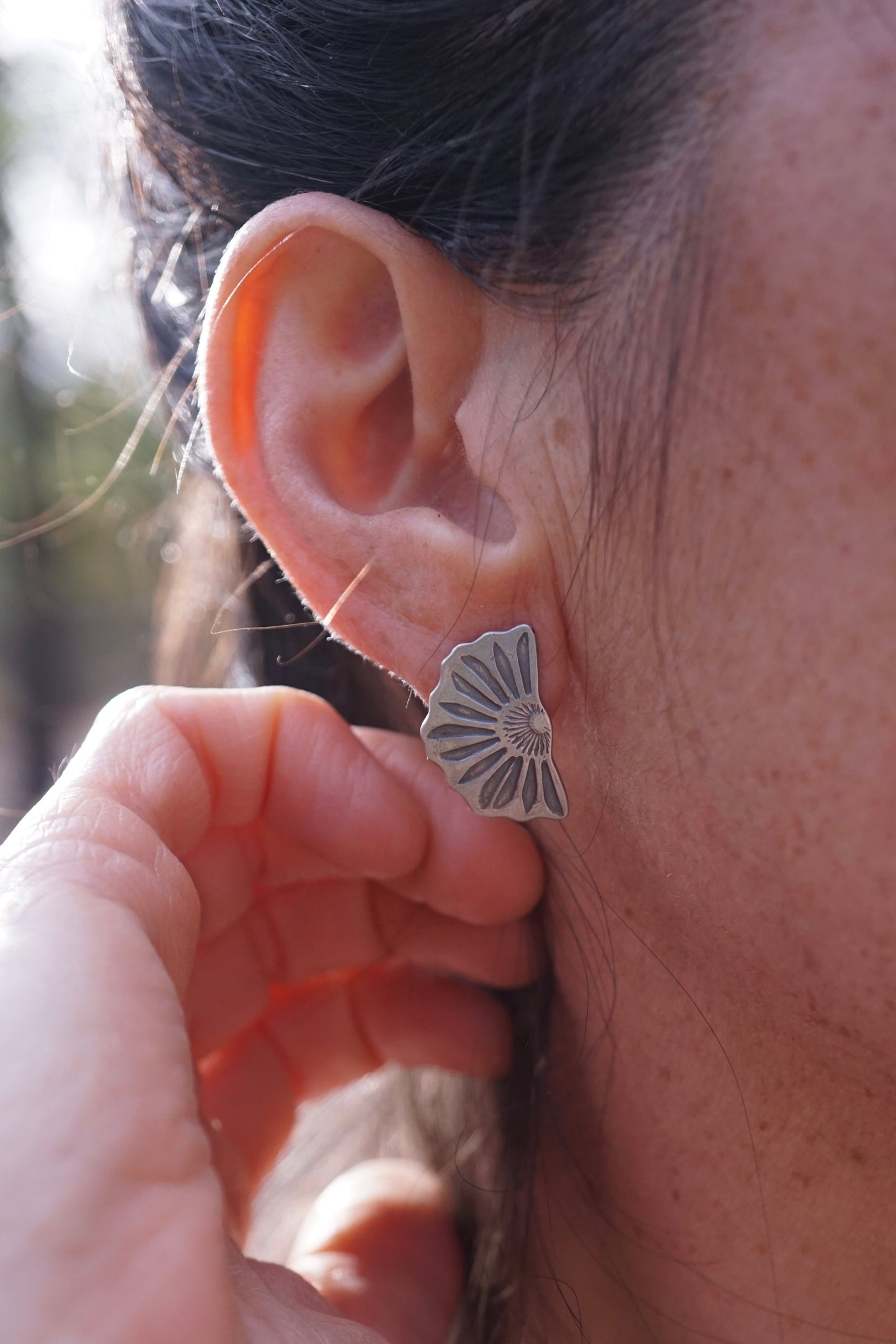 half bloom silver flower studs