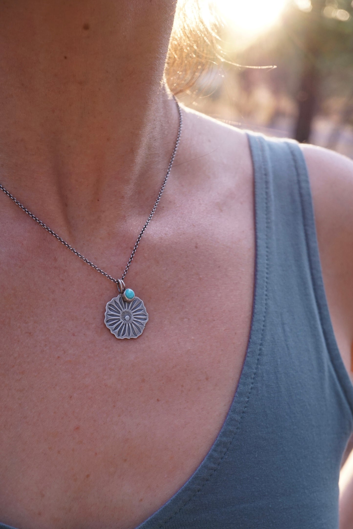 full bloom necklace with teeny turquoise charm
