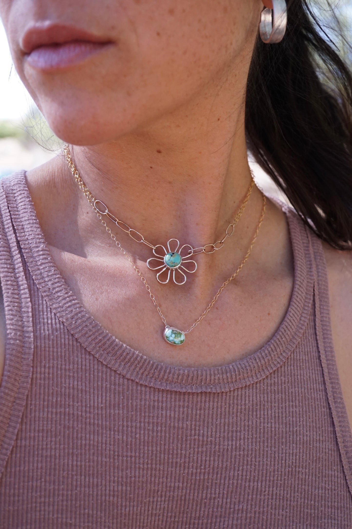 flower child necklace in 14k goldfill with blackjack turquoise