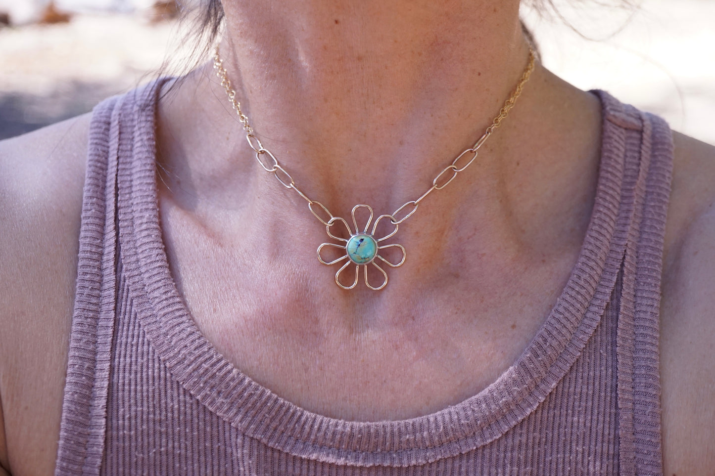 flower child necklace in 14k goldfill with blackjack turquoise