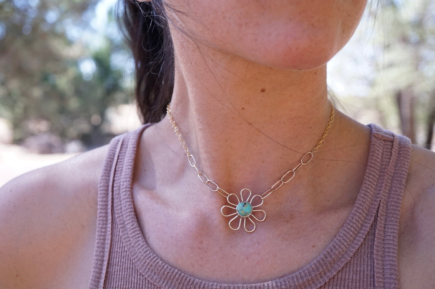 flower child necklace in 14k goldfill with blackjack turquoise