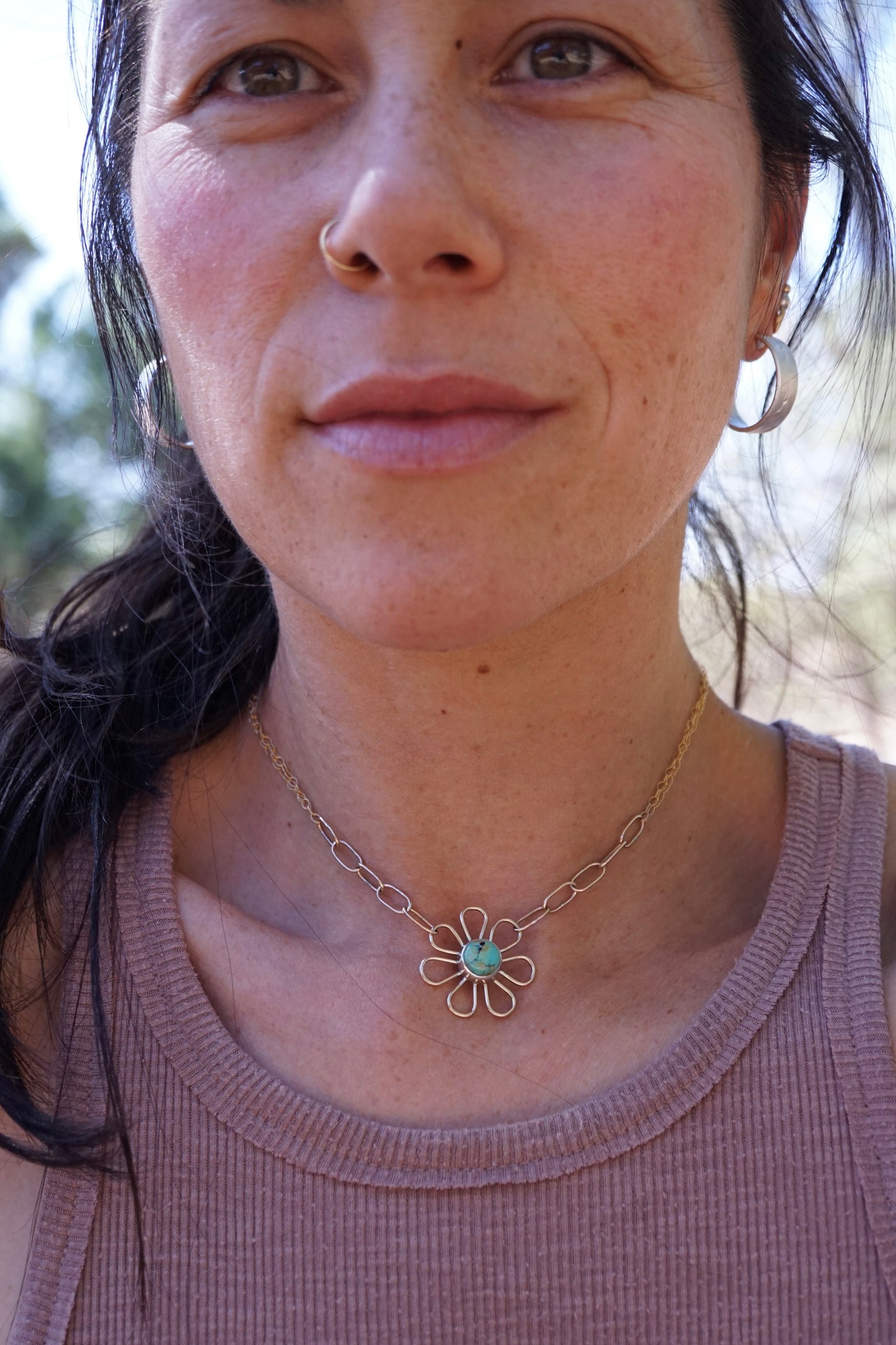 flower child necklace in 14k goldfill with blackjack turquoise