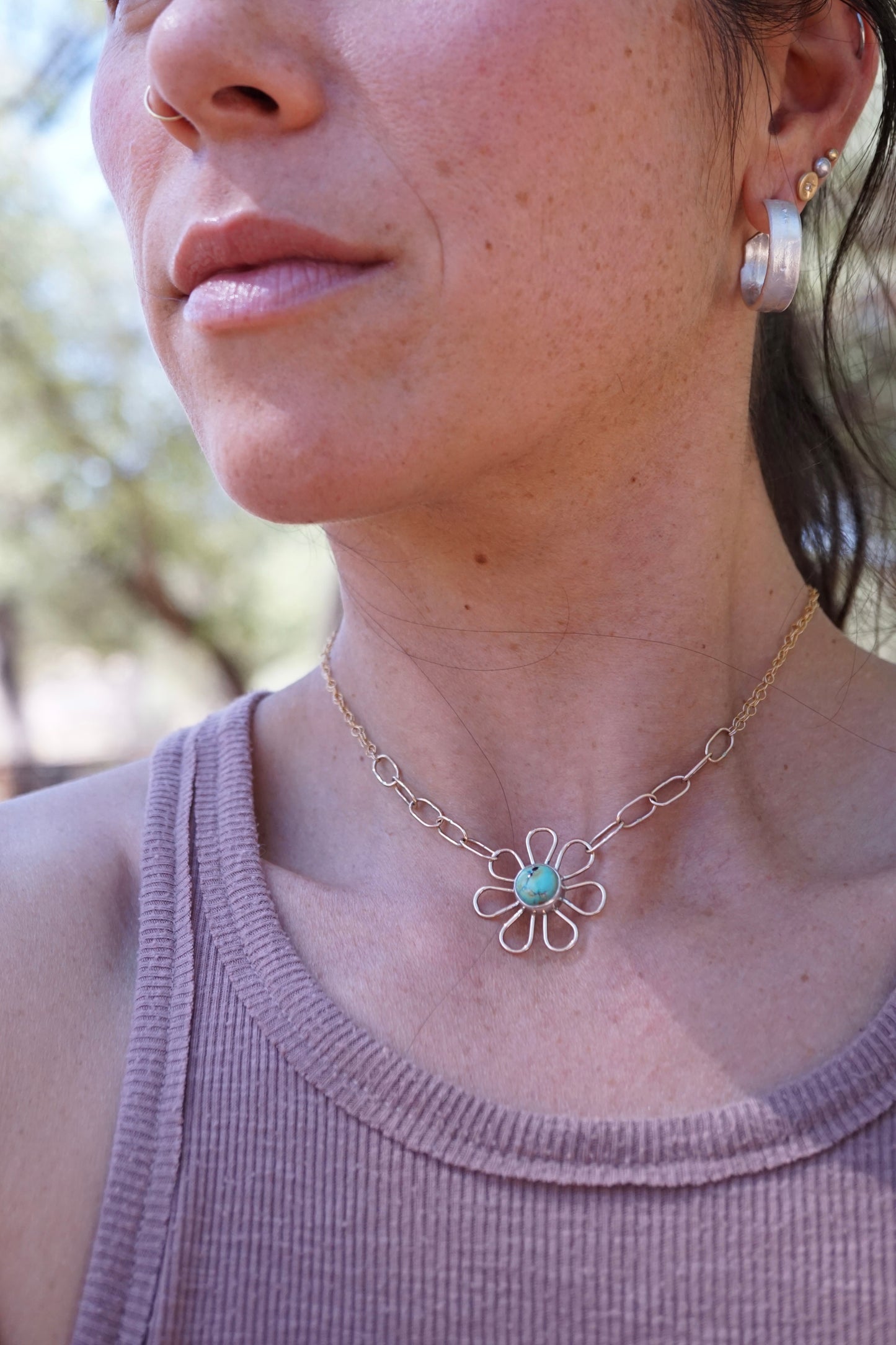 flower child necklace in 14k goldfill with blackjack turquoise