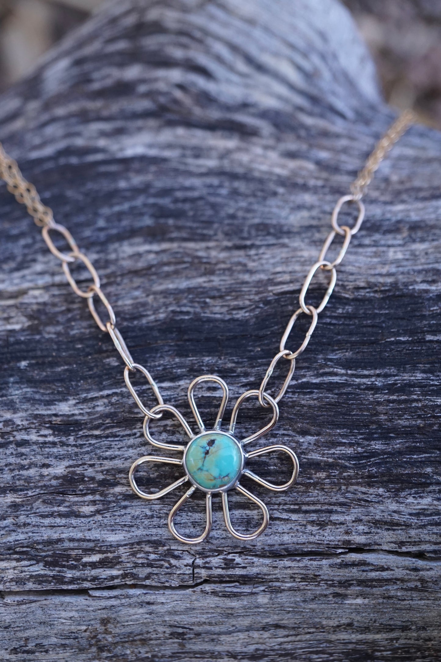 flower child necklace in 14k goldfill with blackjack turquoise