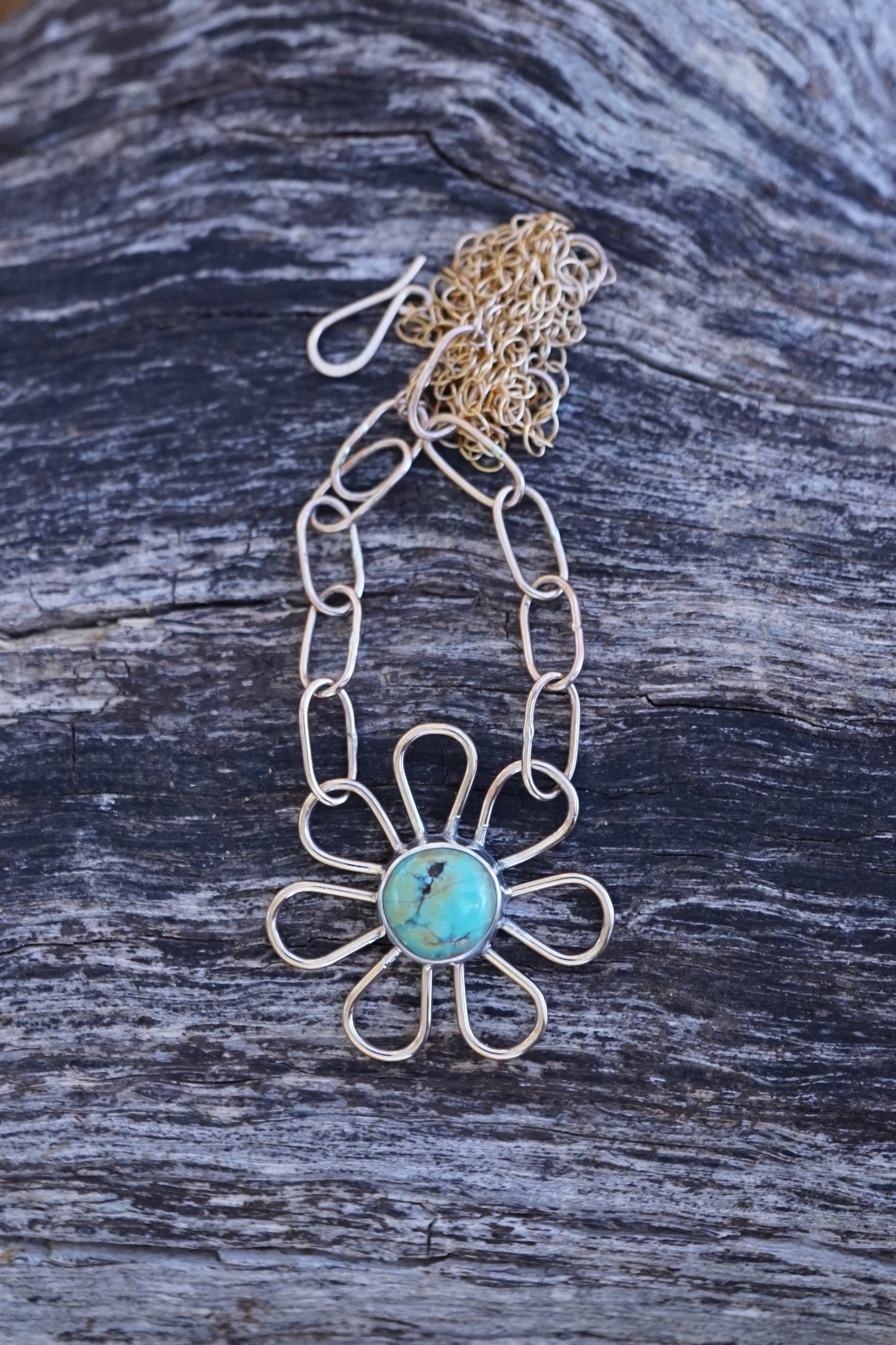 flower child necklace in 14k goldfill with blackjack turquoise