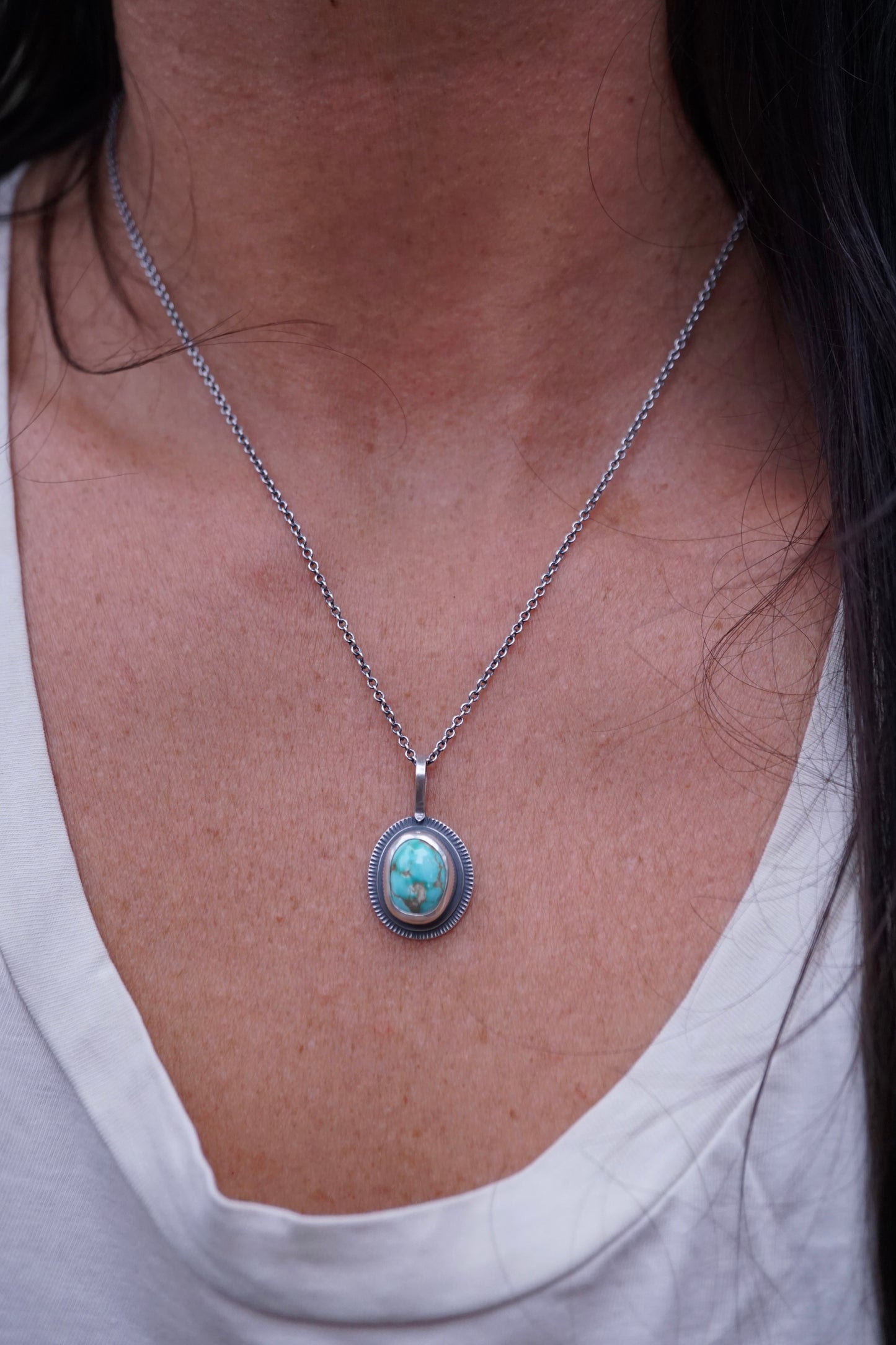 layered silver pendant with cheyenne turquoise