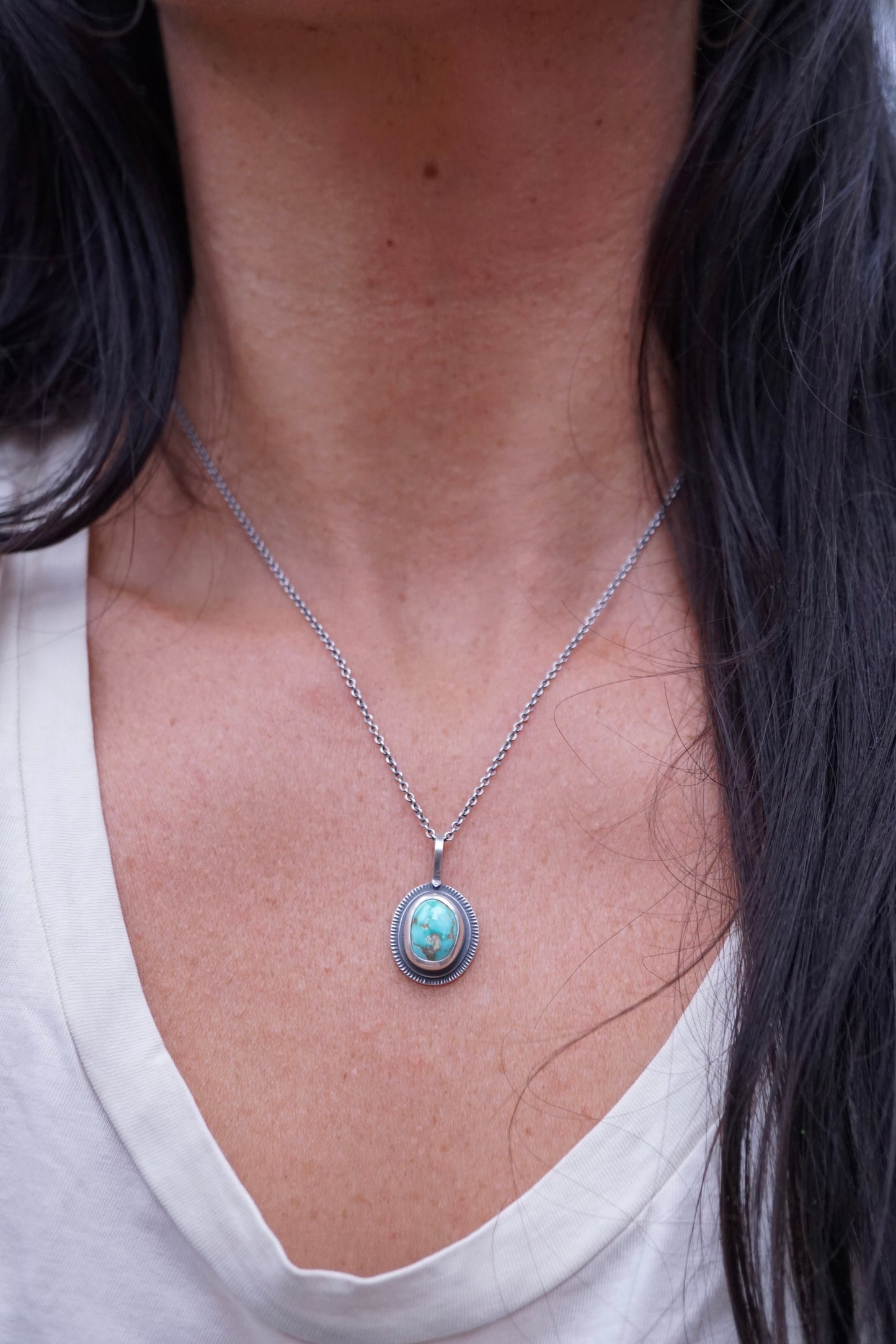 layered silver pendant with cheyenne turquoise