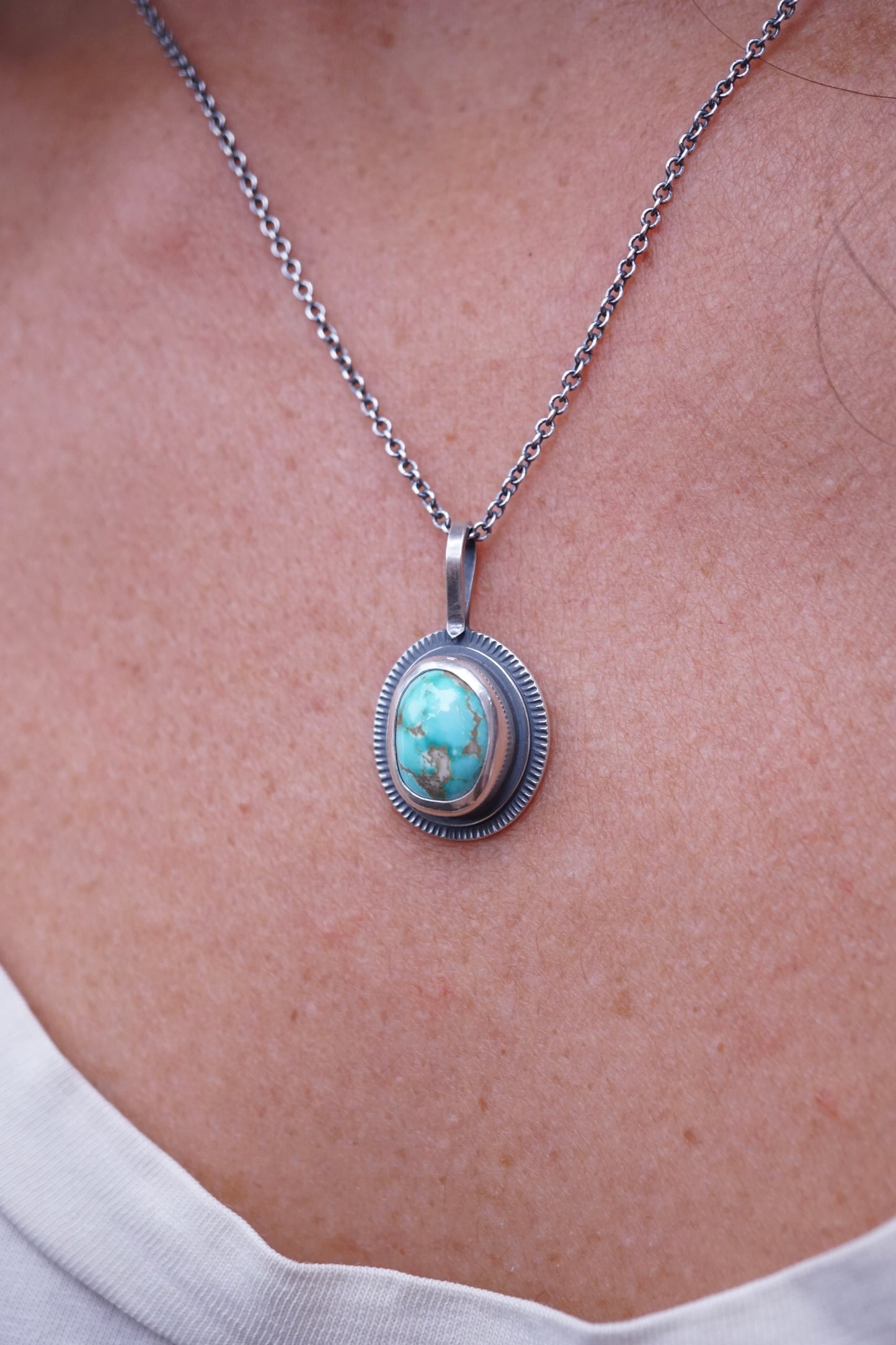 layered silver pendant with cheyenne turquoise