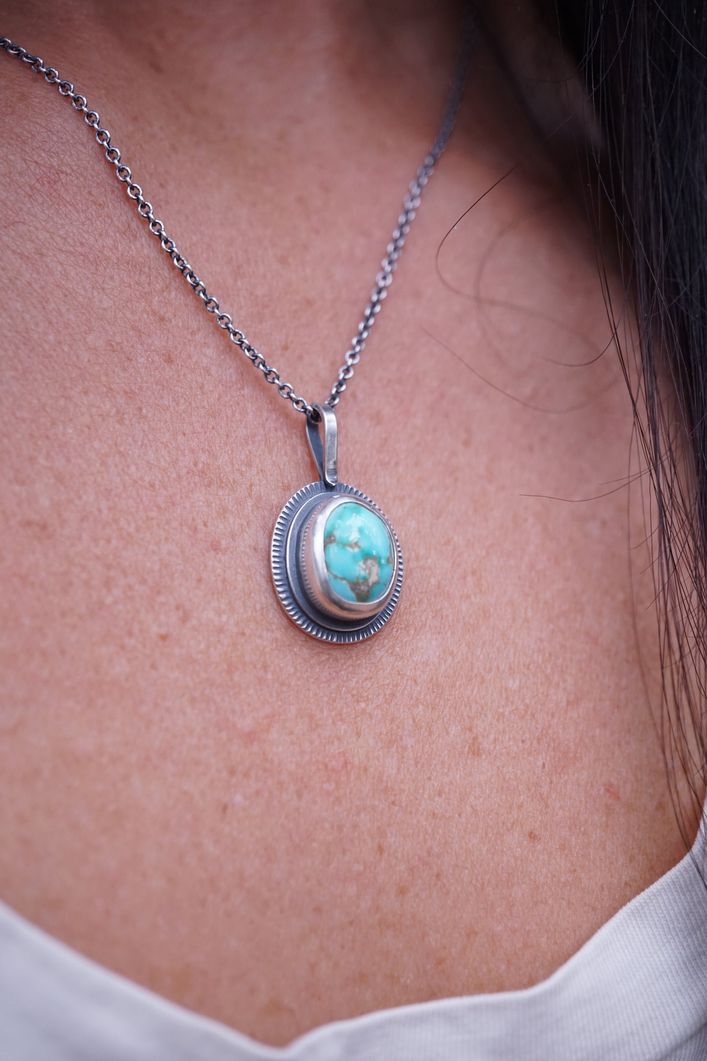 layered silver pendant with cheyenne turquoise