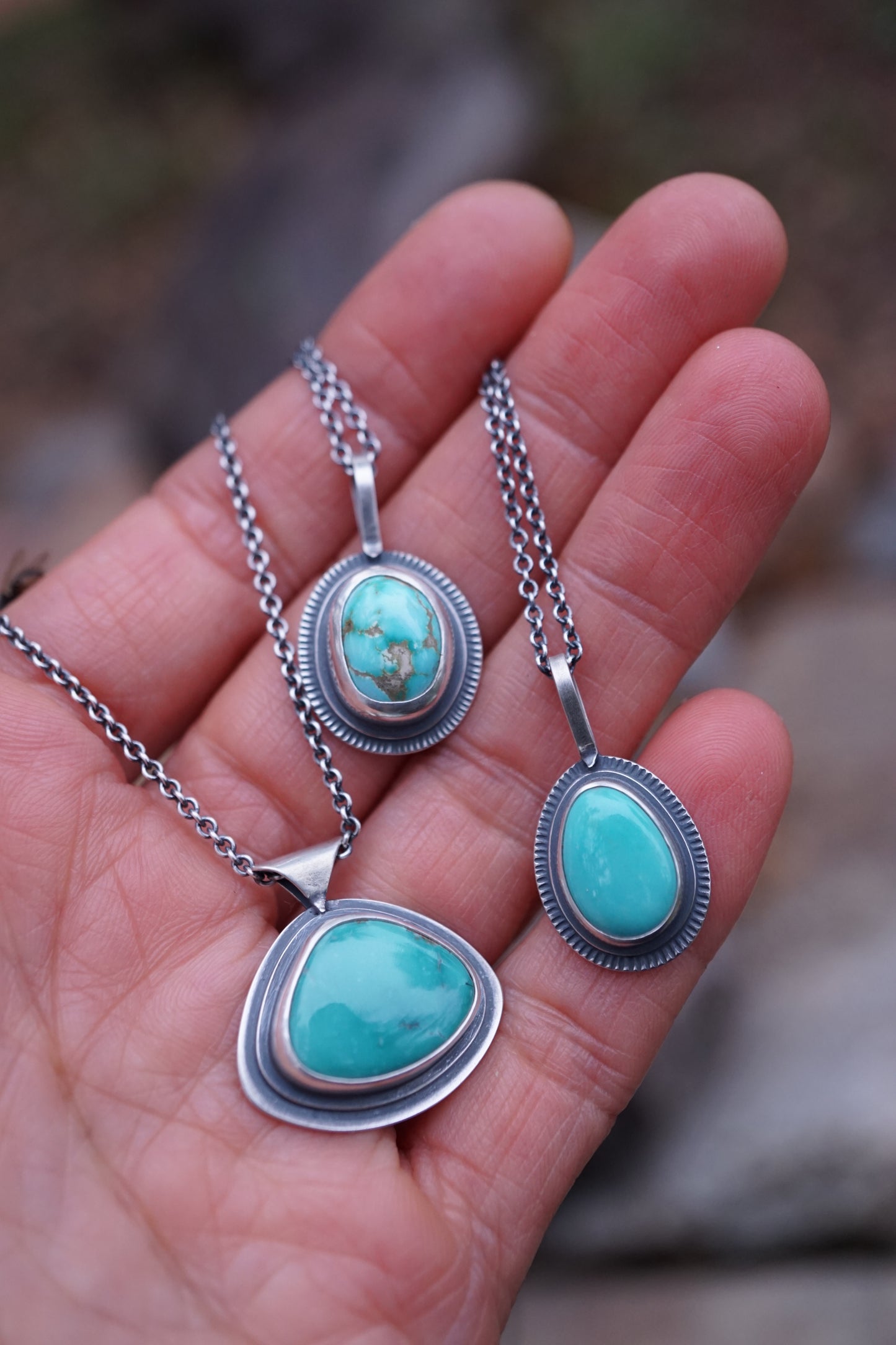 layered silver pendant with Chinese turquoise