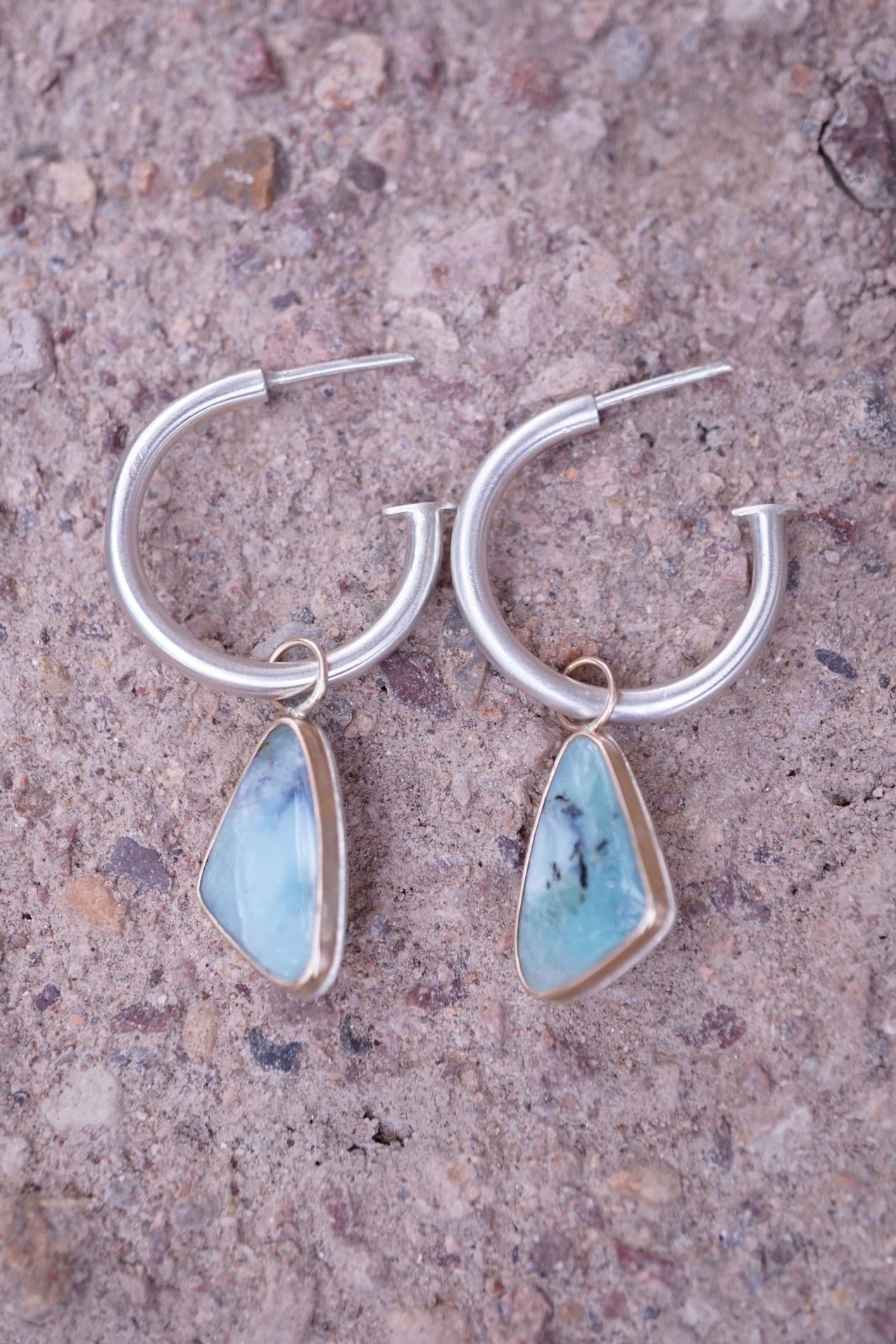 charm hoops with peruvian opal in silver + 14k goldfill