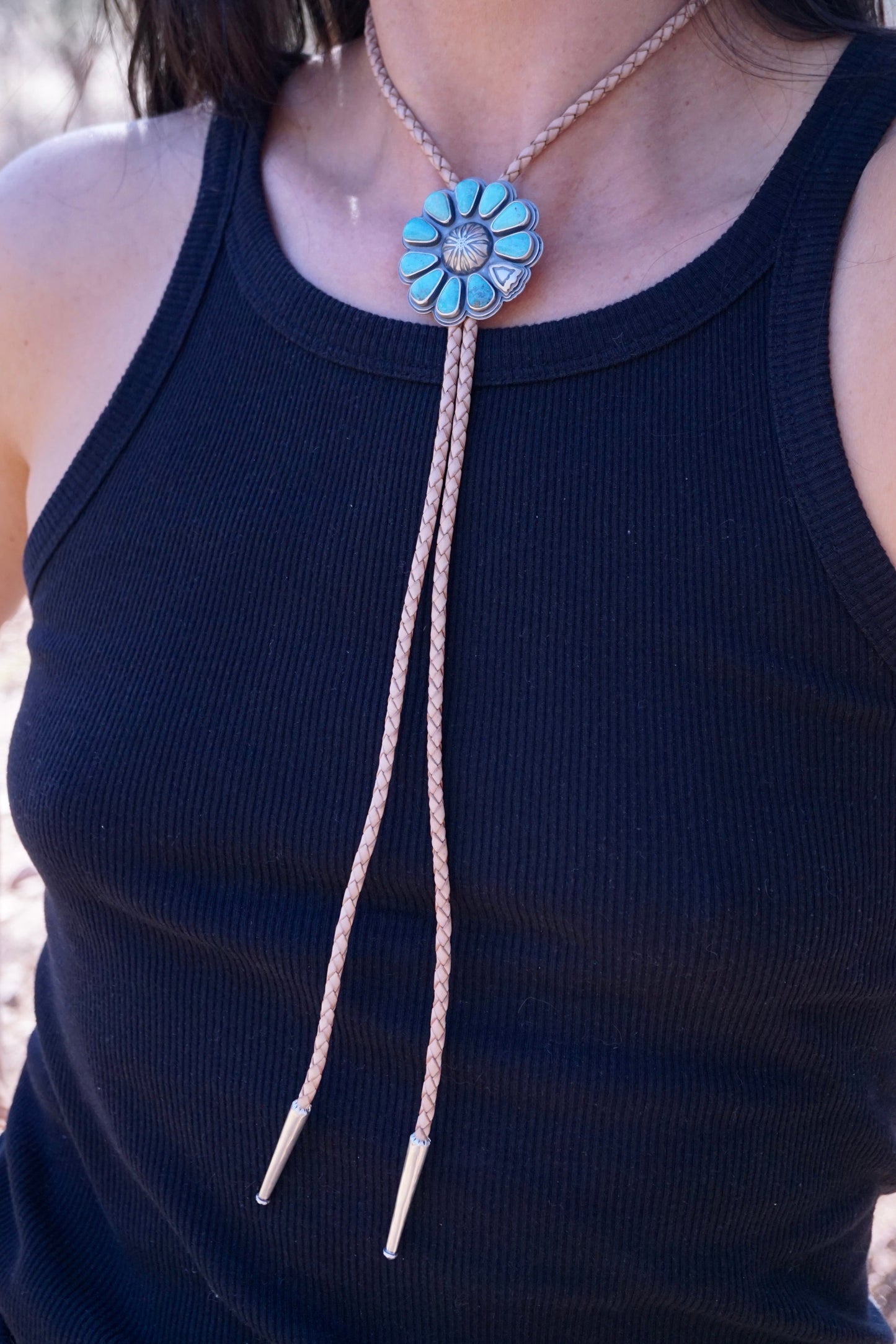 flower burst bolo tie with arizona kingman turquoise - Lumenrose