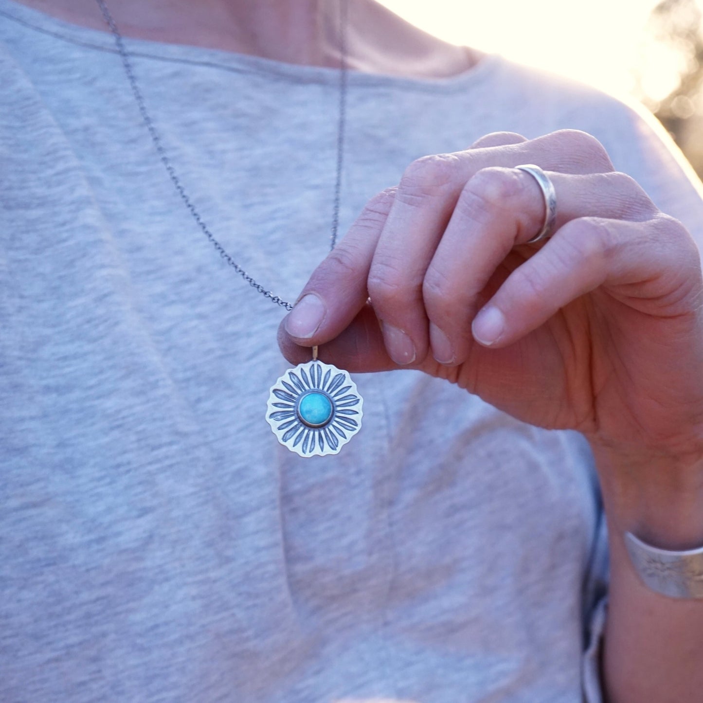 full bloom flower necklace with blue ridge turquoise on a long chain - Lumenrose