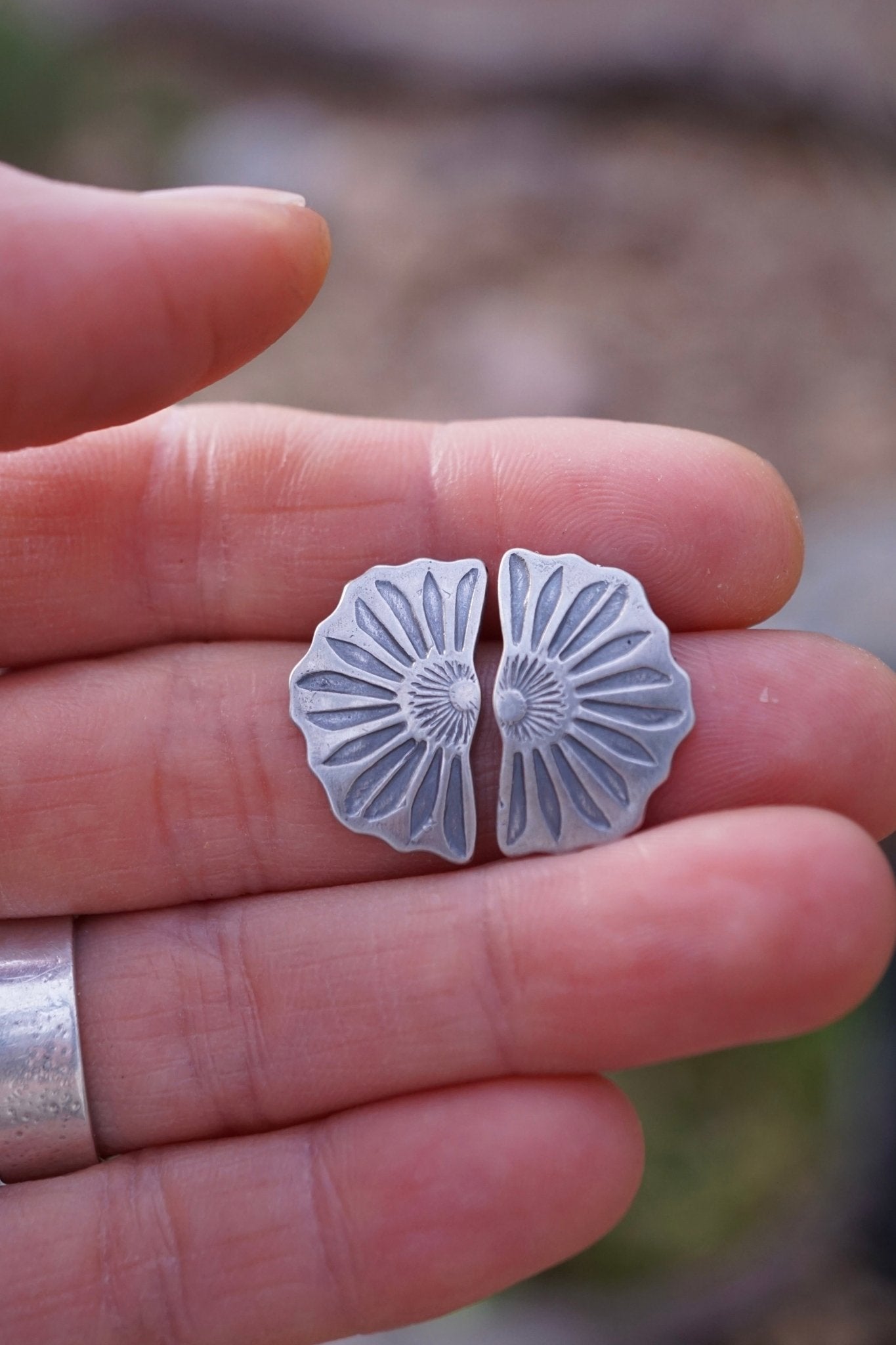 half bloom silver flower studs - Lumenrose