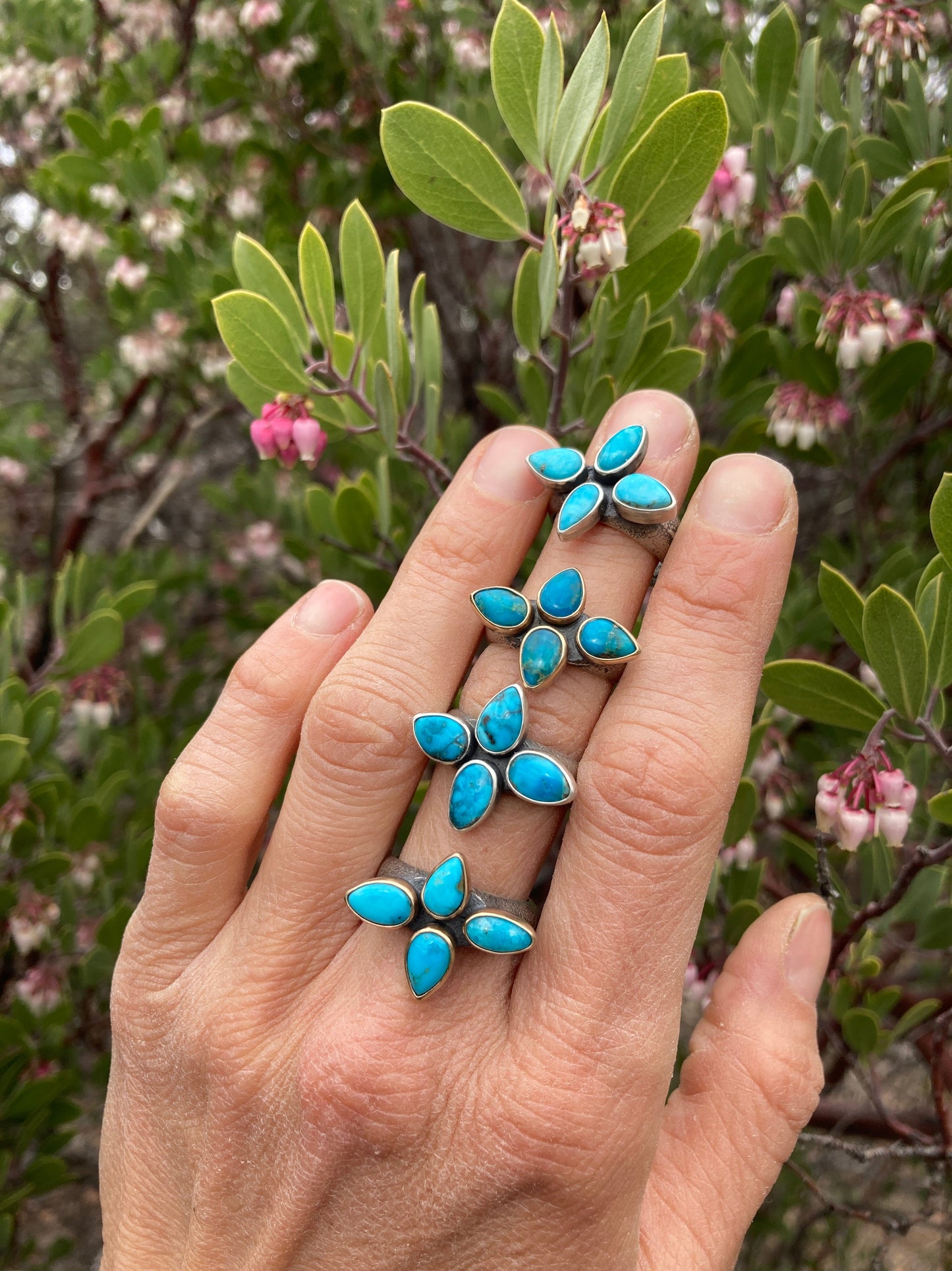 sandcast flower burst ring with blue ridge turquoise and 14k GOLD bezels - size 6 - Lumenrose