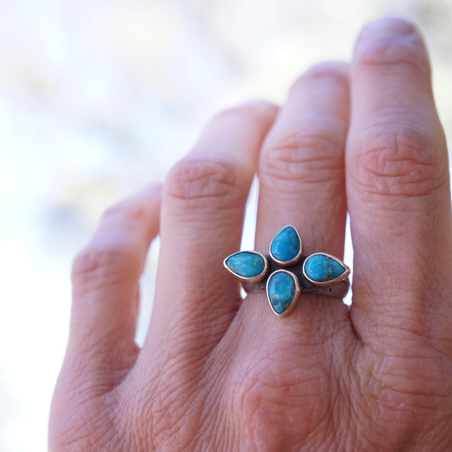 sandcast flower burst ring with blue ridge turquoise and 14k GOLD bezels - size 6 - Lumenrose
