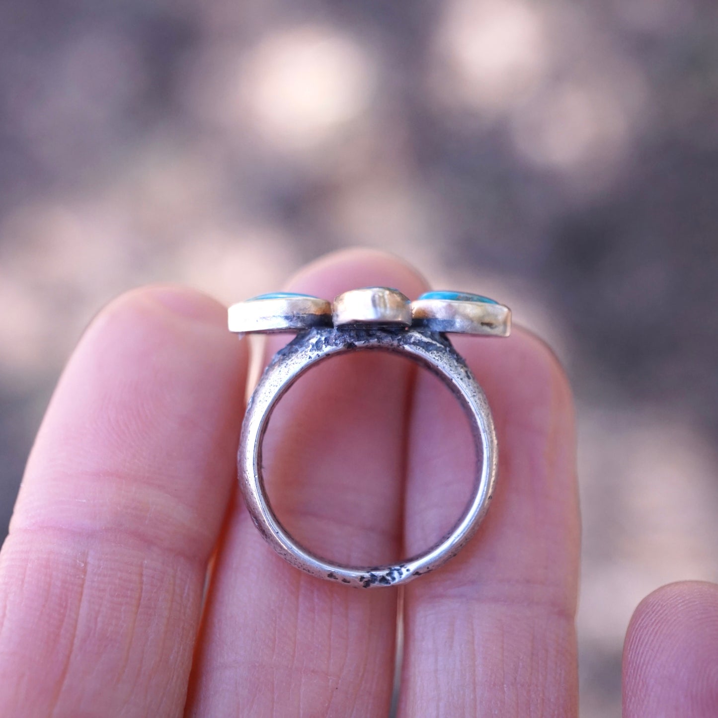 sandcast flower burst ring with blue ridge turquoise and 14k GOLD bezels - size 6 - Lumenrose
