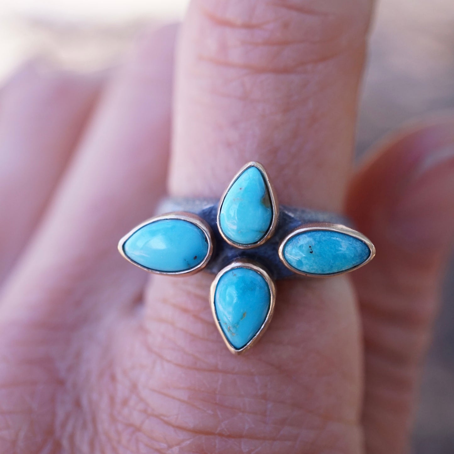 sandcast flower burst ring with blue ridge turquoise and 14k GOLD bezels - size 7 - Lumenrose
