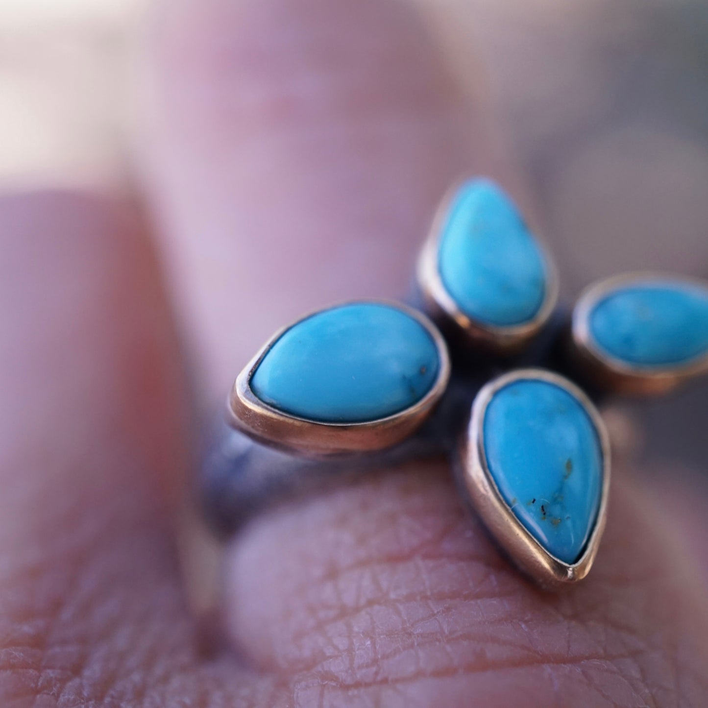 sandcast flower burst ring with blue ridge turquoise and 14k GOLD bezels - size 7 - Lumenrose