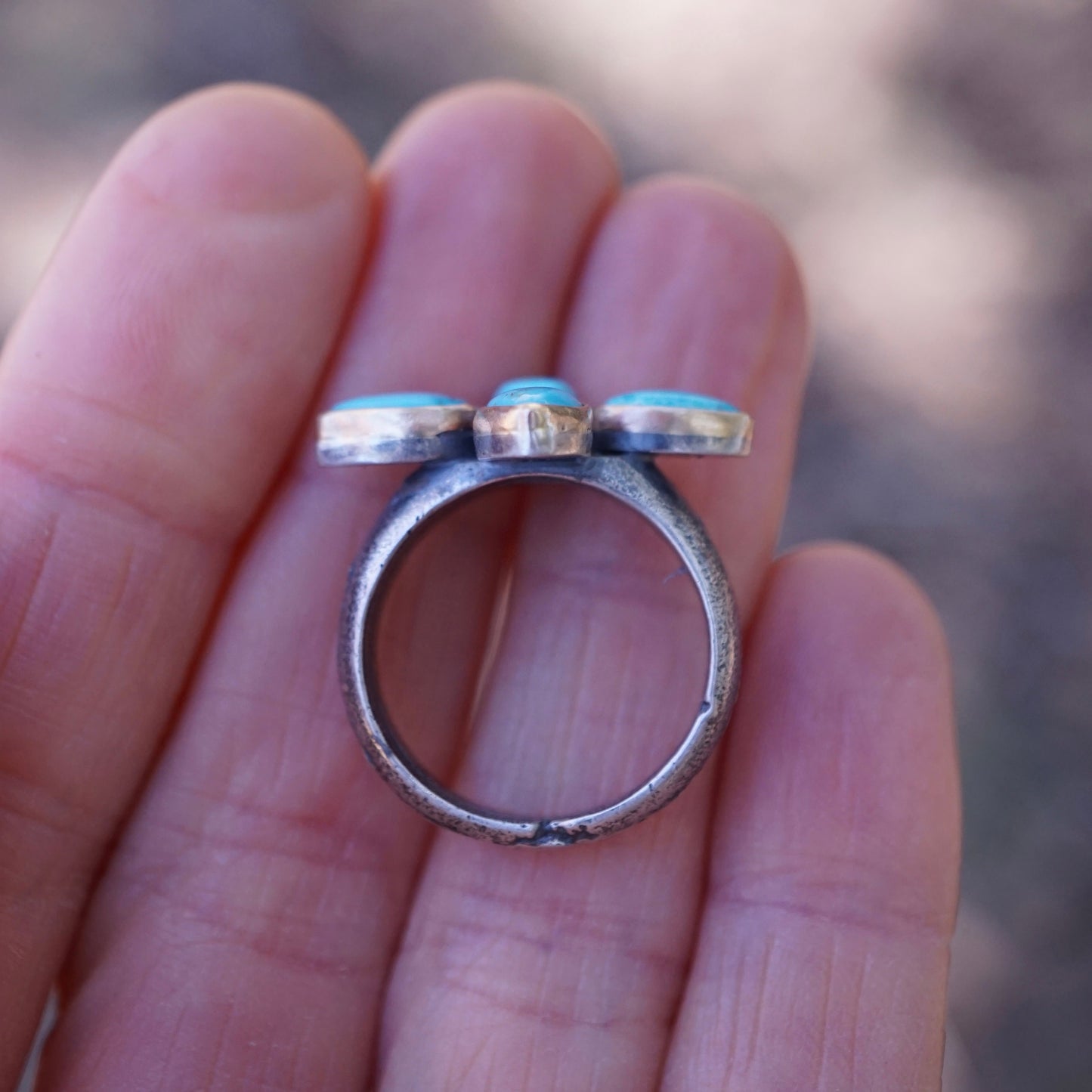 sandcast flower burst ring with blue ridge turquoise and 14k GOLD bezels - size 7 - Lumenrose