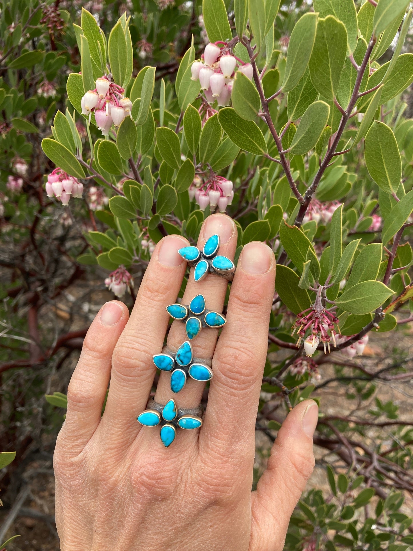 sandcast flower burst ring with blue ridge turquoise - size 6.75 - Lumenrose