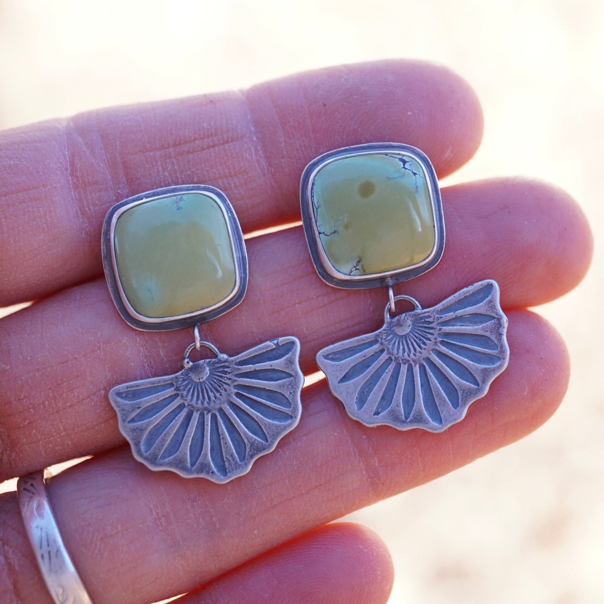 the blooming studs with olive green chinese turquoise - Lumenrose