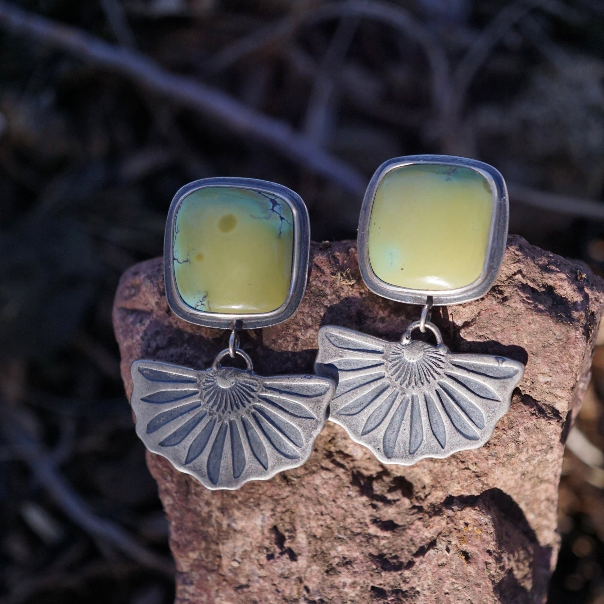 the blooming studs with olive green chinese turquoise - Lumenrose