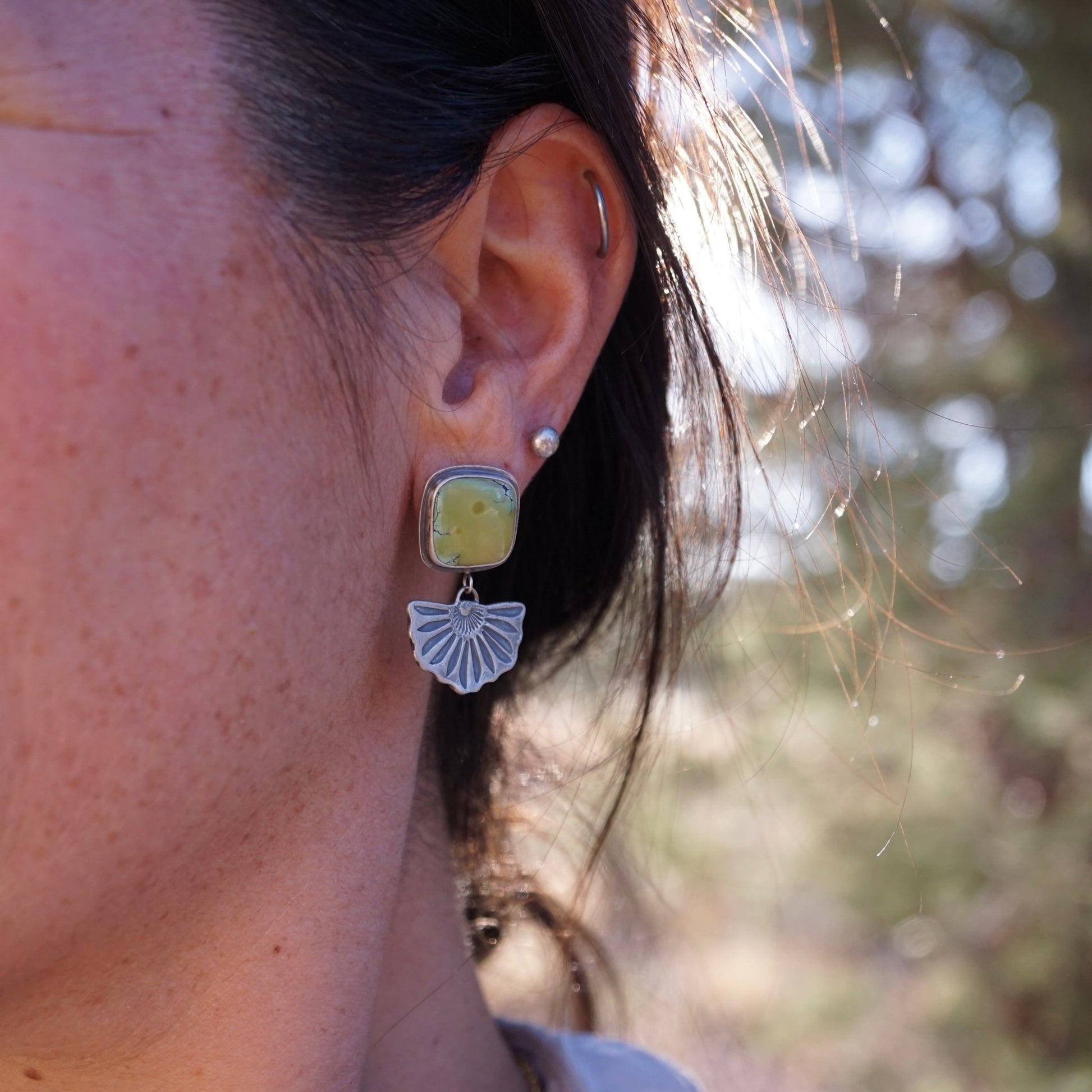 the blooming studs with olive green chinese turquoise - Lumenrose