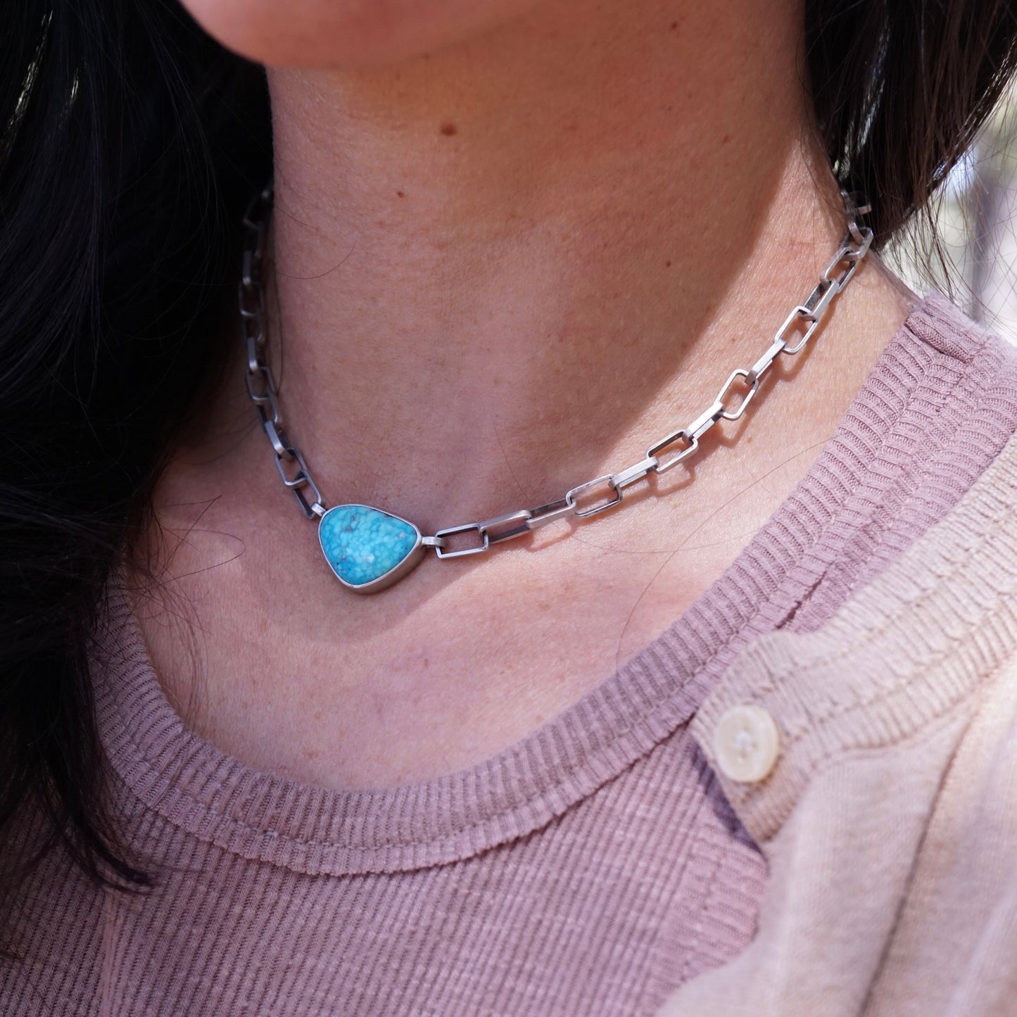 the choker - handmade rectangle chain + killer blue kingman turquoise 15" - Lumenrose