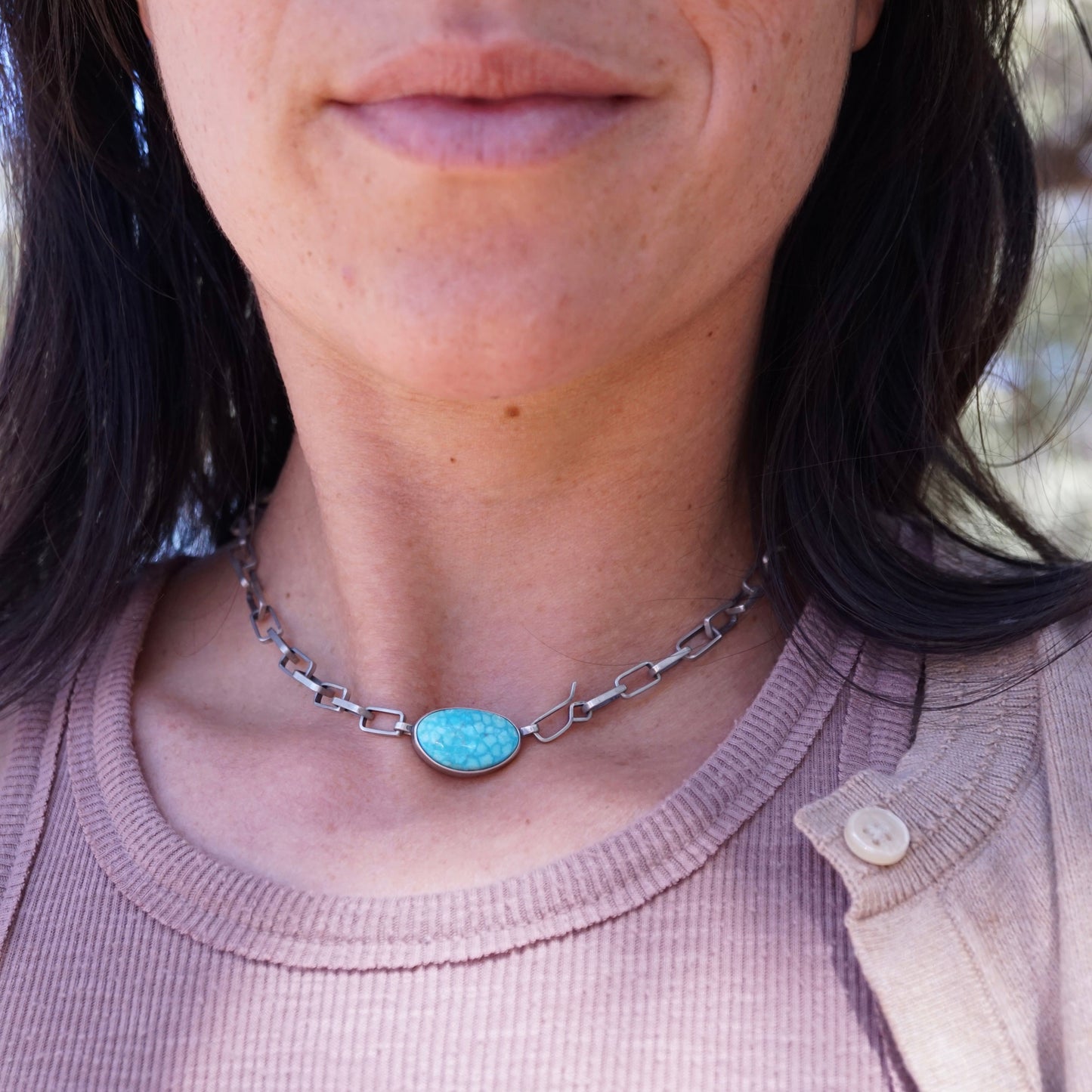 the choker - handmade rectangle chain + killer blue kingman turquoise 15.5" - Lumenrose