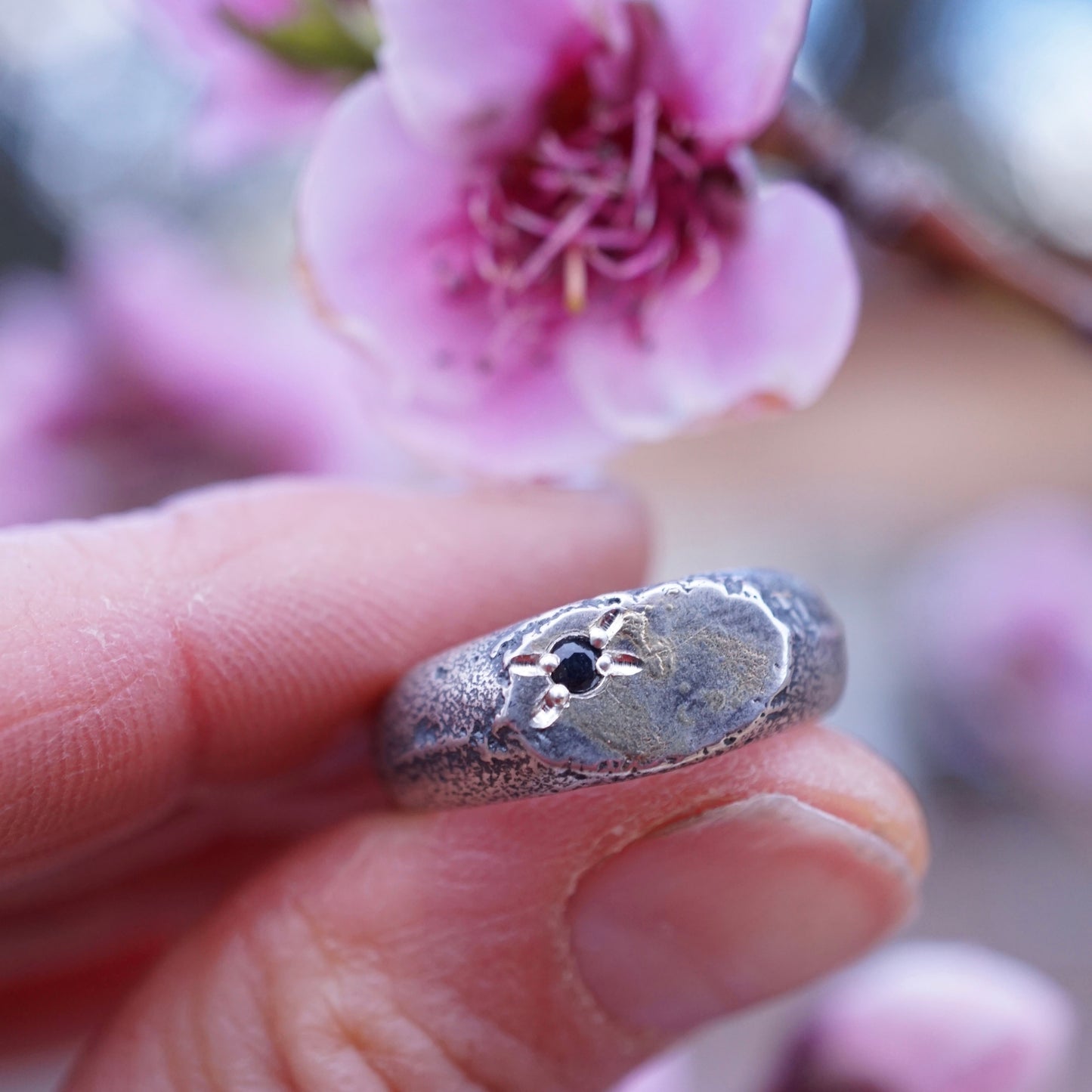 the texture ring with black sapphire and a tiny bit of GOLD - size 6.5/6.75 - Lumenrose