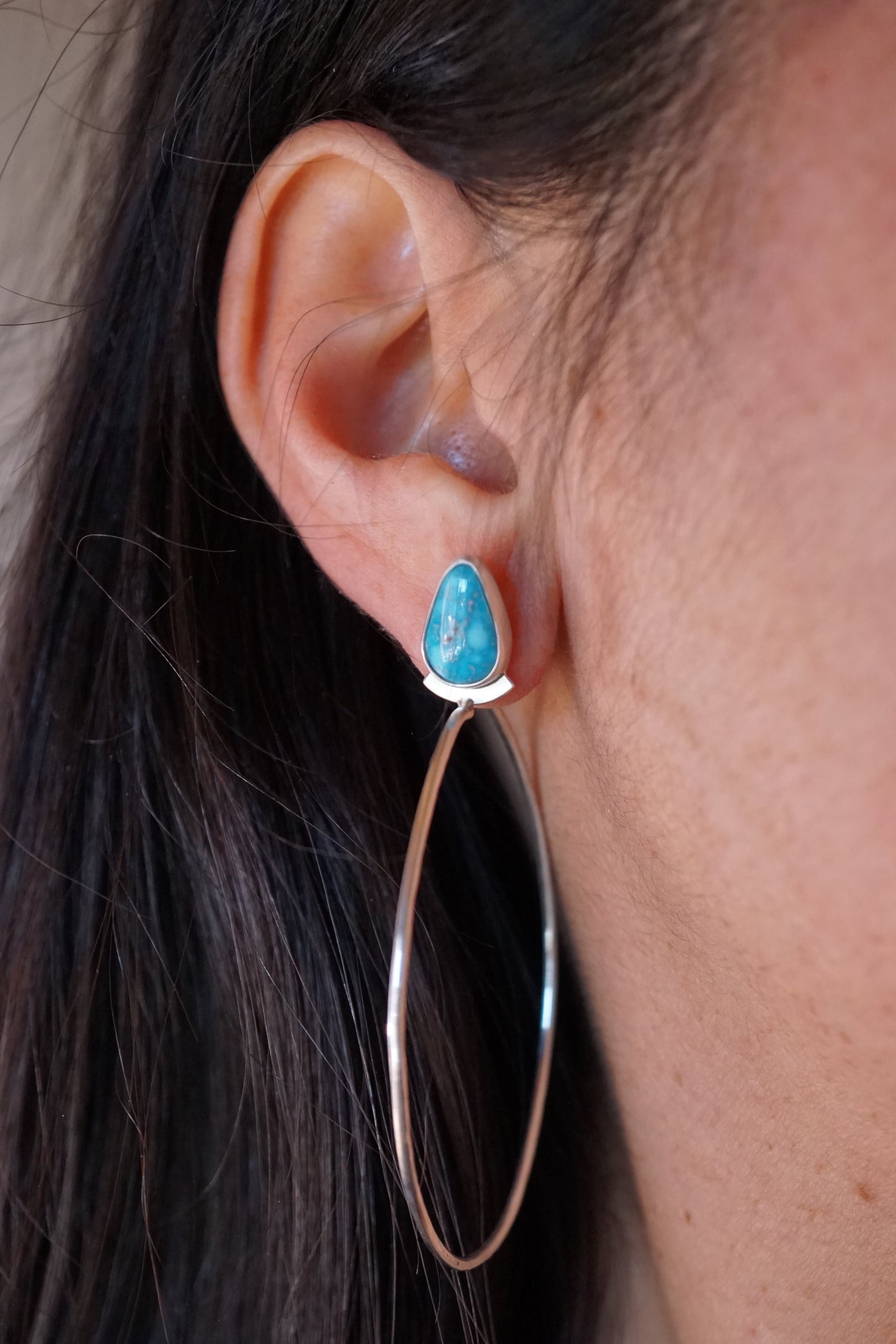 bright blue kingman turquoise + silver hoops - Lumenrose
