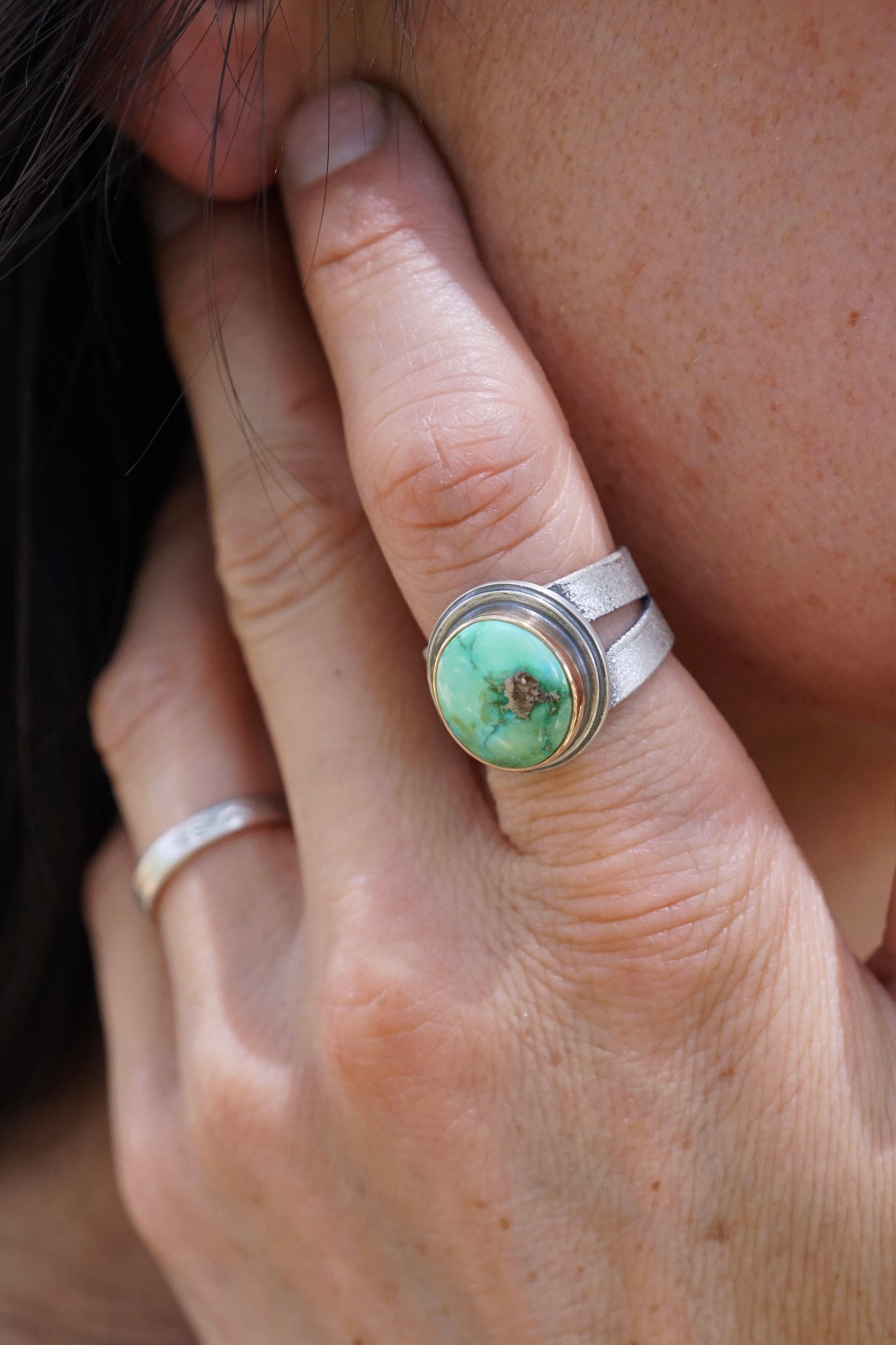 bright green sonoran gold turquoise ring with 14k goldfill bezel - size 6.75 - Lumenrose
