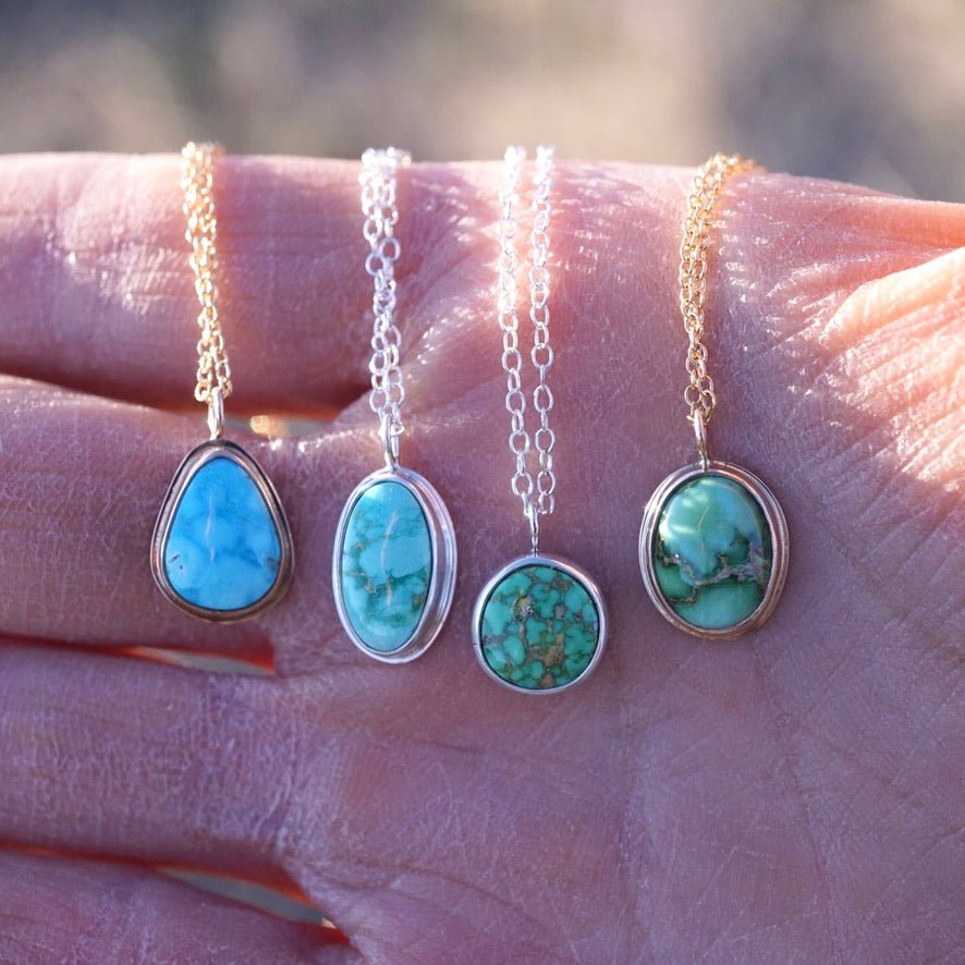 dainty kingman turquoise teardrop necklace in 14k goldfill - Lumenrose