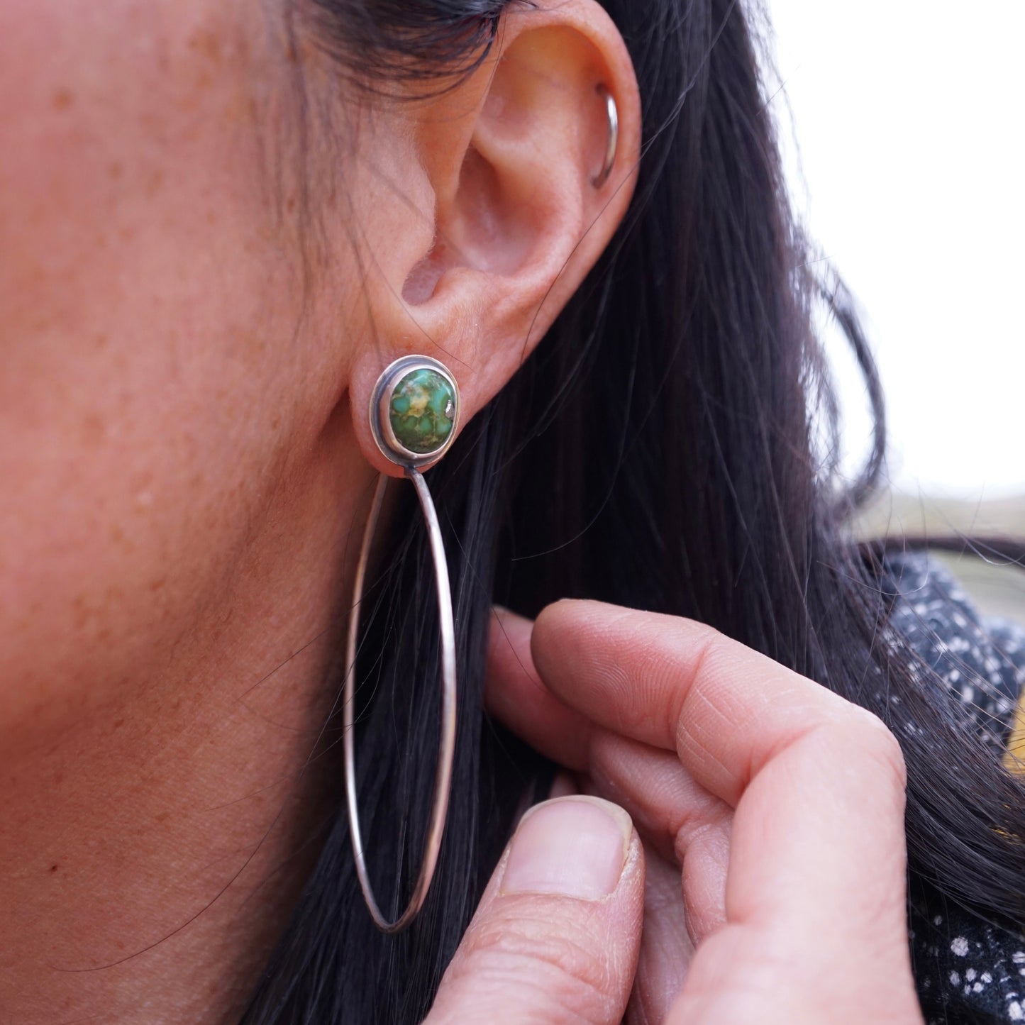 deep green sonoran gold turquoise + silver hoops - Lumenrose