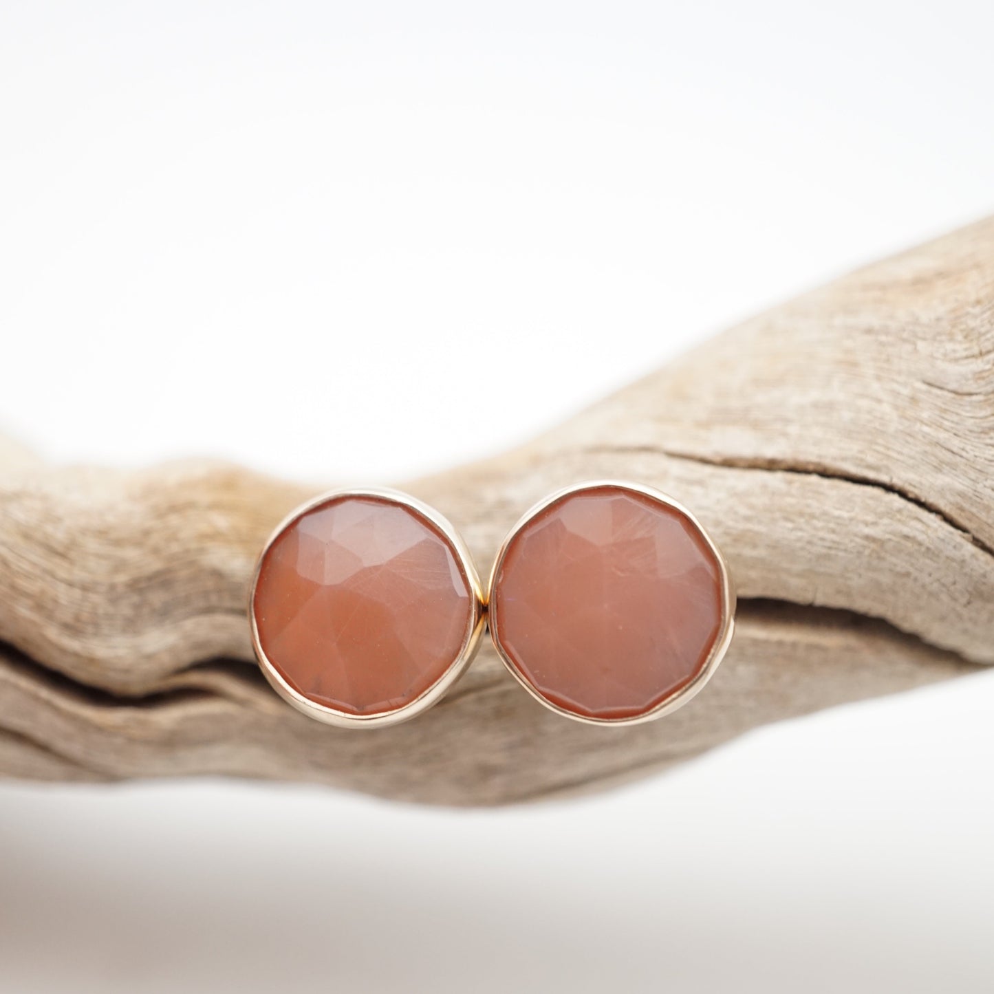 faceted peach moonstone studs - 14k gold + silver - Lumenrose