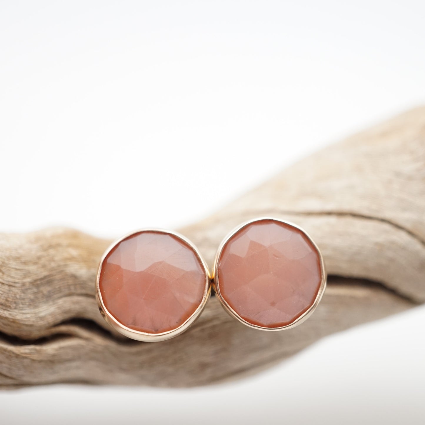 faceted peach moonstone studs - 14k gold + silver - Lumenrose