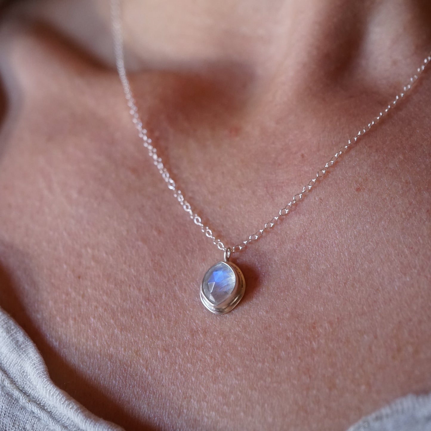 faceted rainbow moonstone + silver necklace - 18" chain - Lumenrose