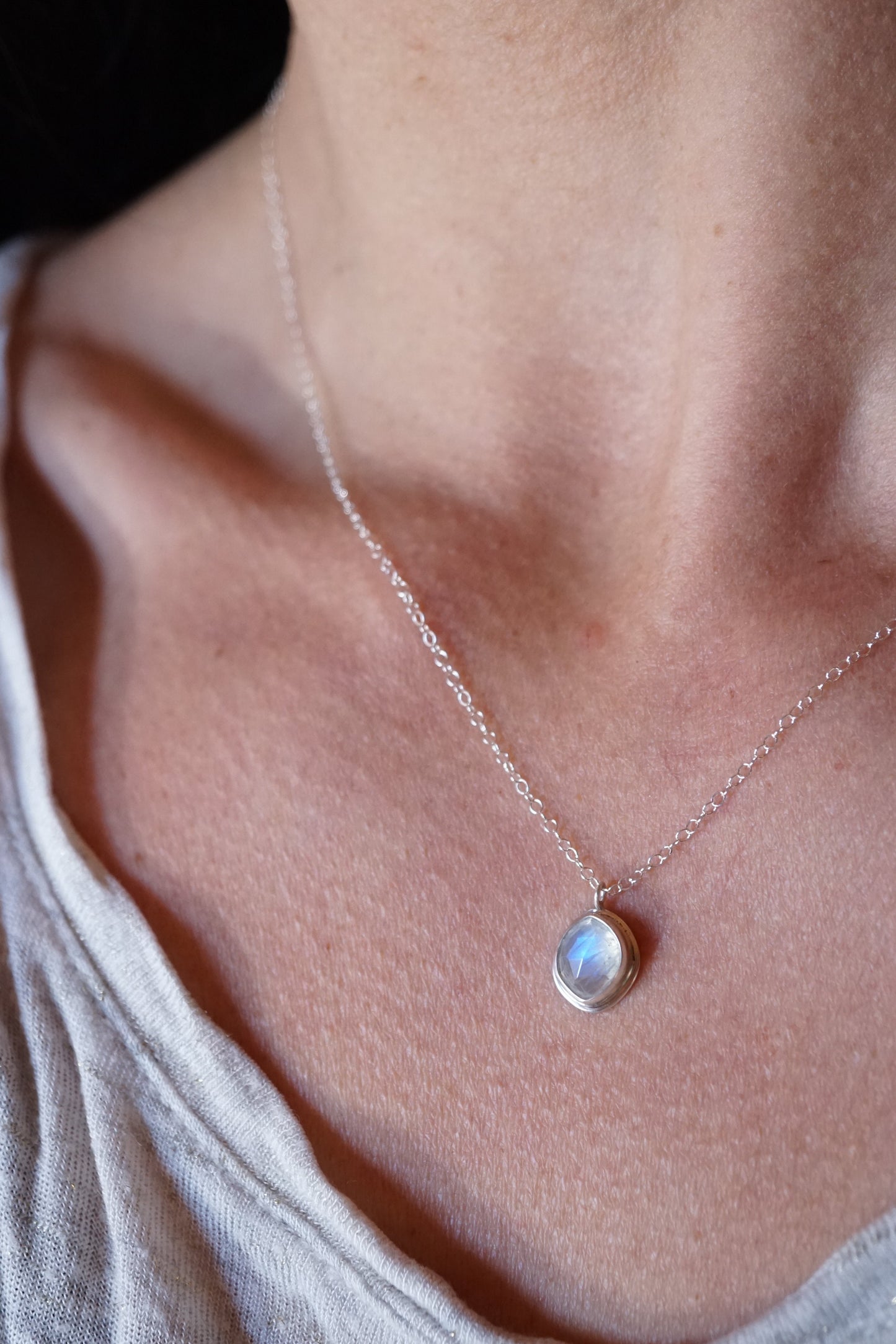 faceted rainbow moonstone + silver necklace - 18" chain - Lumenrose