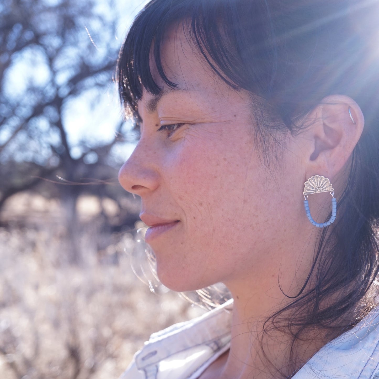 flower petal beaded stud dangles with periwinkle fulani trade beads - Lumenrose