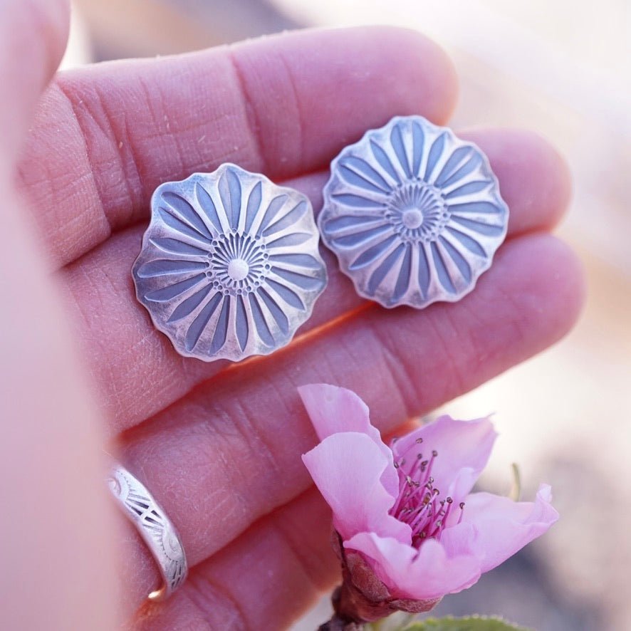 full bloom silver flower studs - Lumenrose