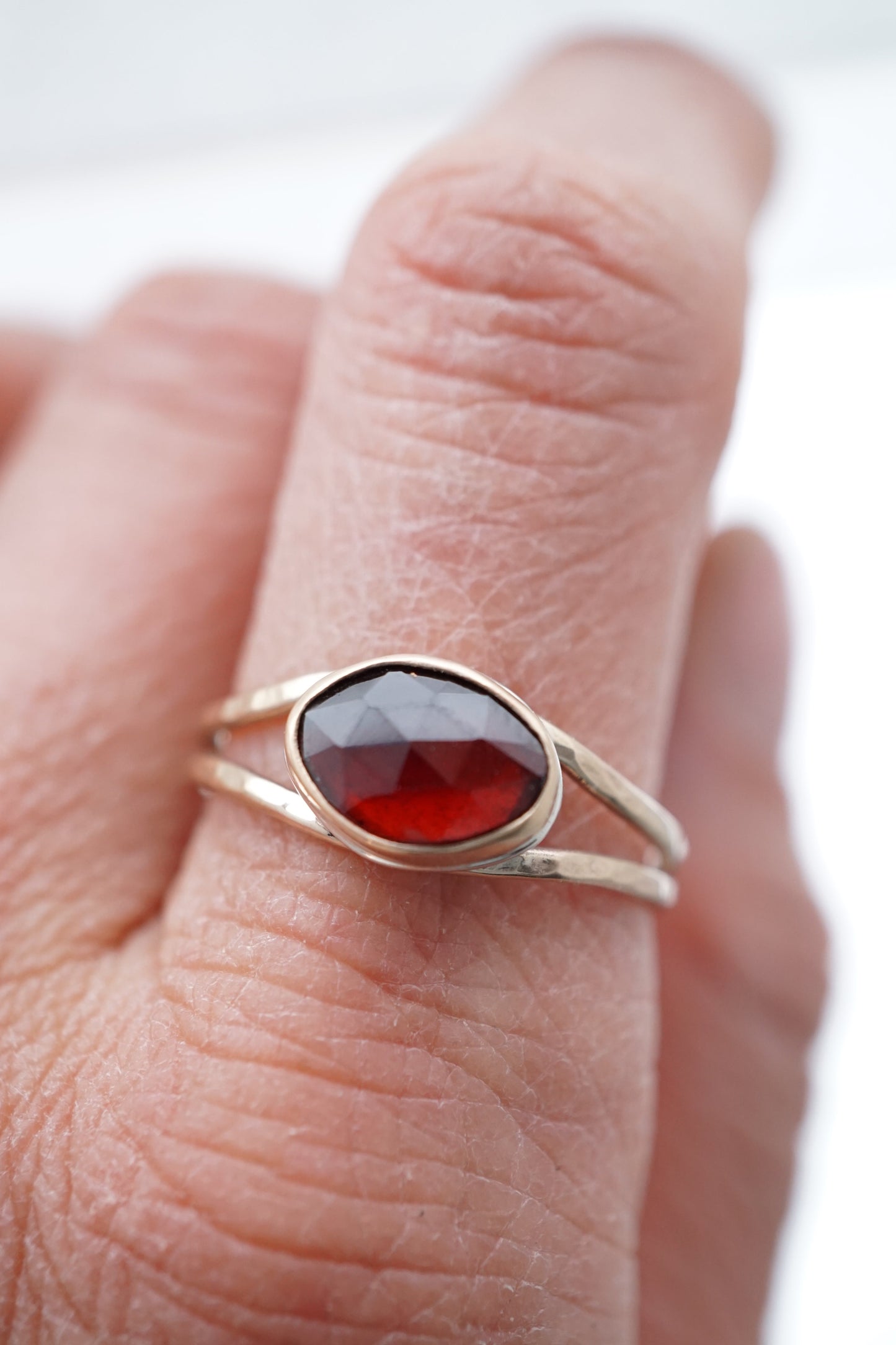 garnet open band ring - silver + 14k goldfill - size 9.25 - Lumenrose