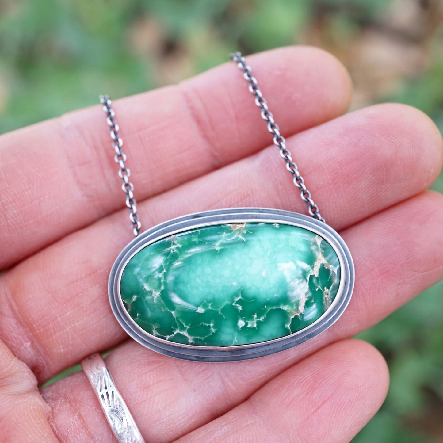 glowing broken arrow variscite oval necklace - Lumenrose