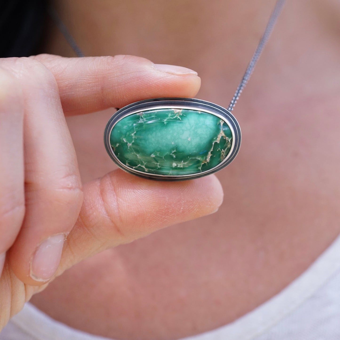 glowing broken arrow variscite oval necklace - Lumenrose