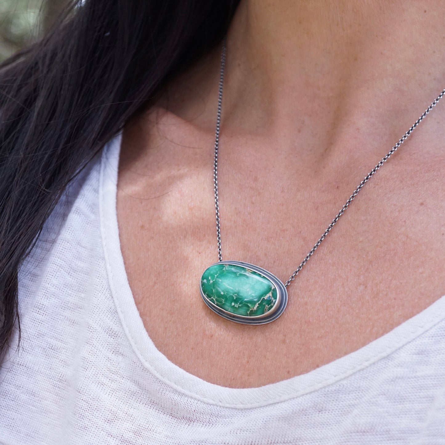 glowing broken arrow variscite oval necklace - Lumenrose