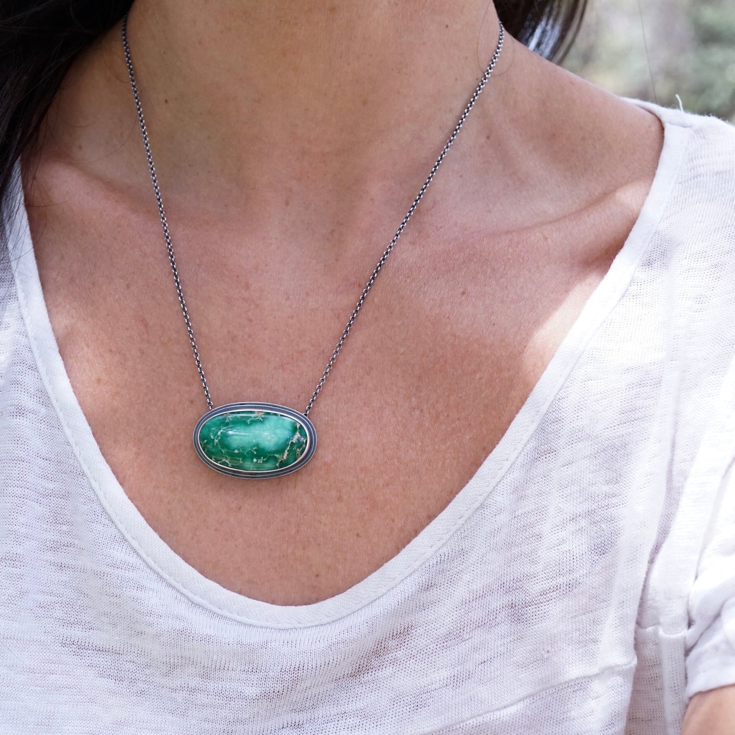 glowing broken arrow variscite oval necklace - Lumenrose