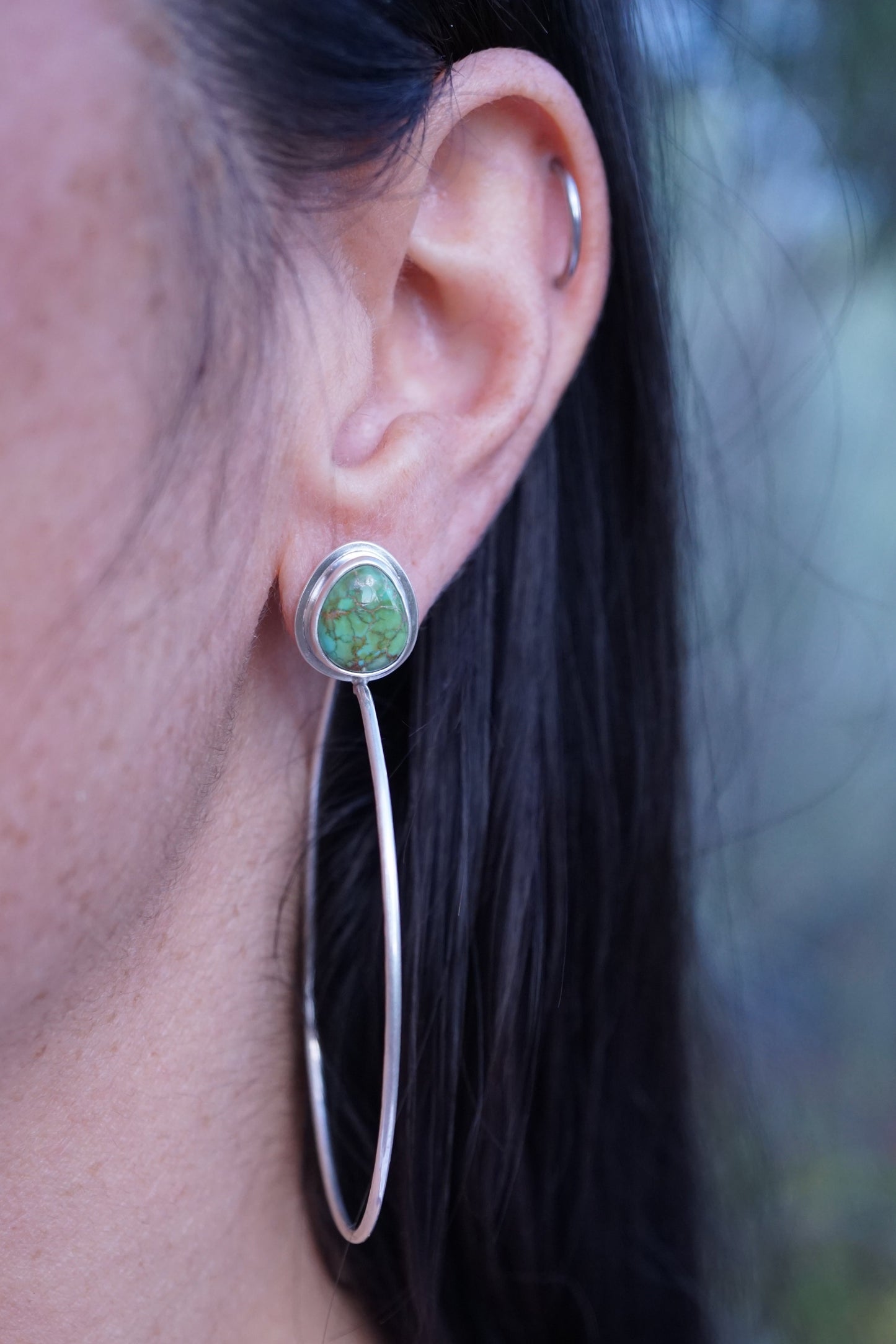 green teardrop sonoran gold turquoise + silver hoops - Lumenrose