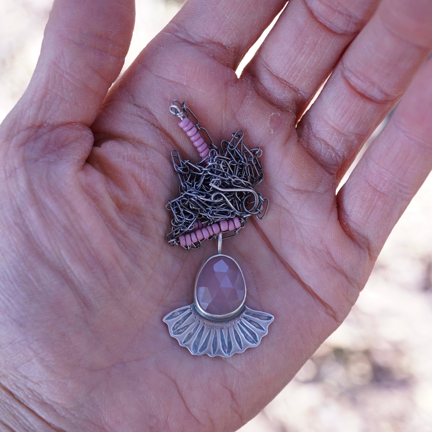 guava quartz flower petal necklace with african trade beads - Lumenrose