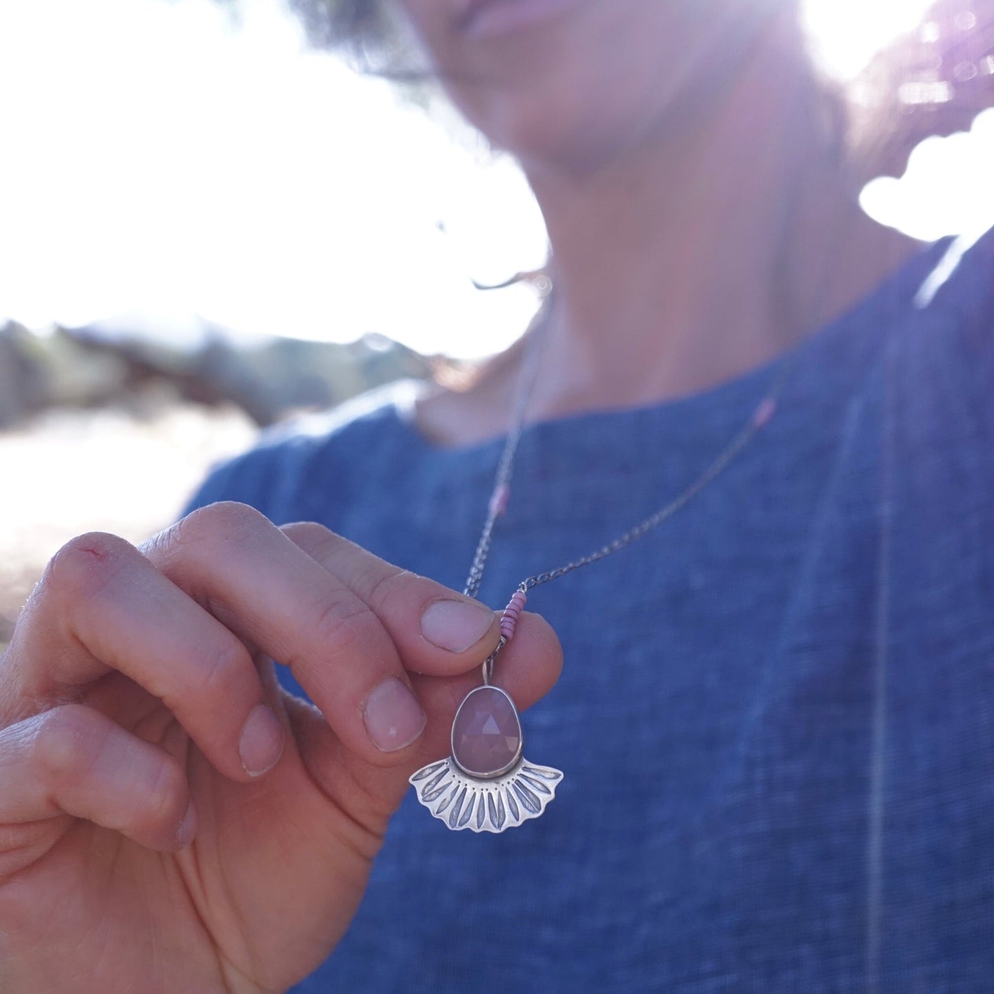 guava quartz flower petal necklace with african trade beads - Lumenrose